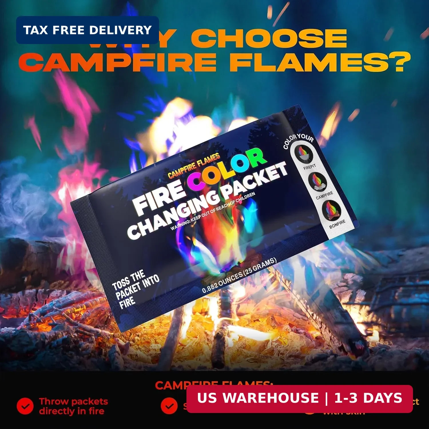 Magic Campfire Fire Color Changing Packets for Fire Pit (50 Pack) Outdoor Firepl