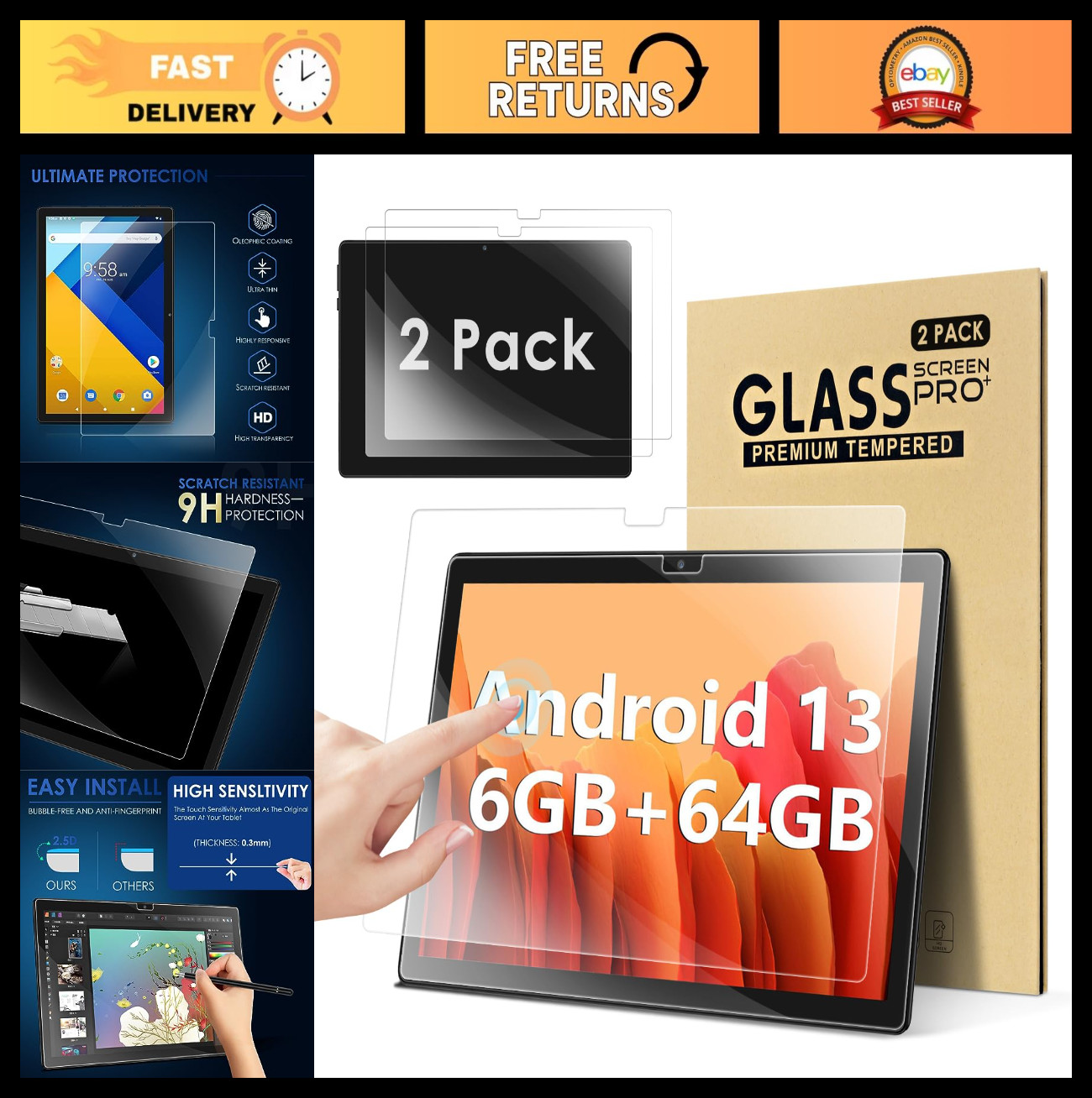 2 Pack 10.1" Tempered Glass Screen Protector for Android Tablets - Ultra-Clear,