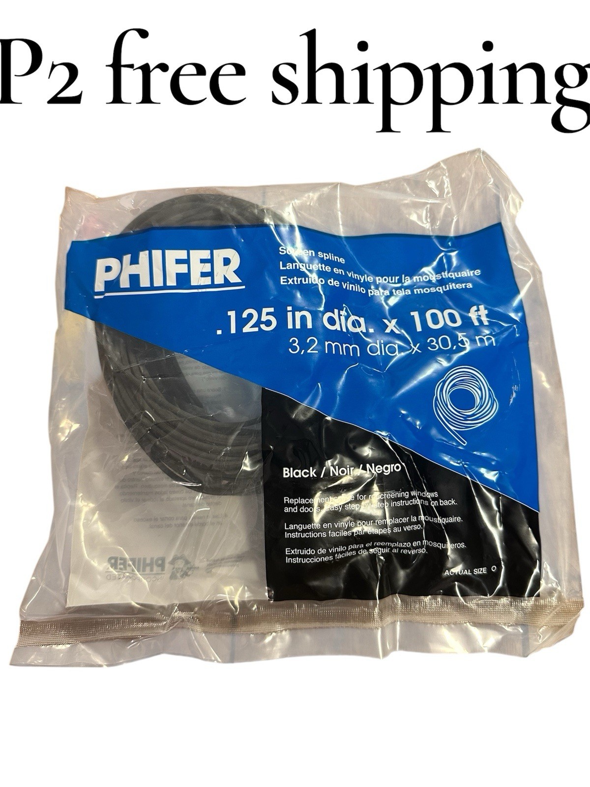 Phifer .125" Dia x 100' Screen Spline Black Replacement For Rescreening Window