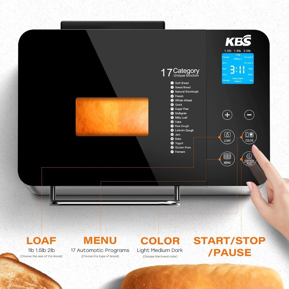 710W 2LB Bread Maker Machine Stainless Steel 17-in-1 Smart Programmable with