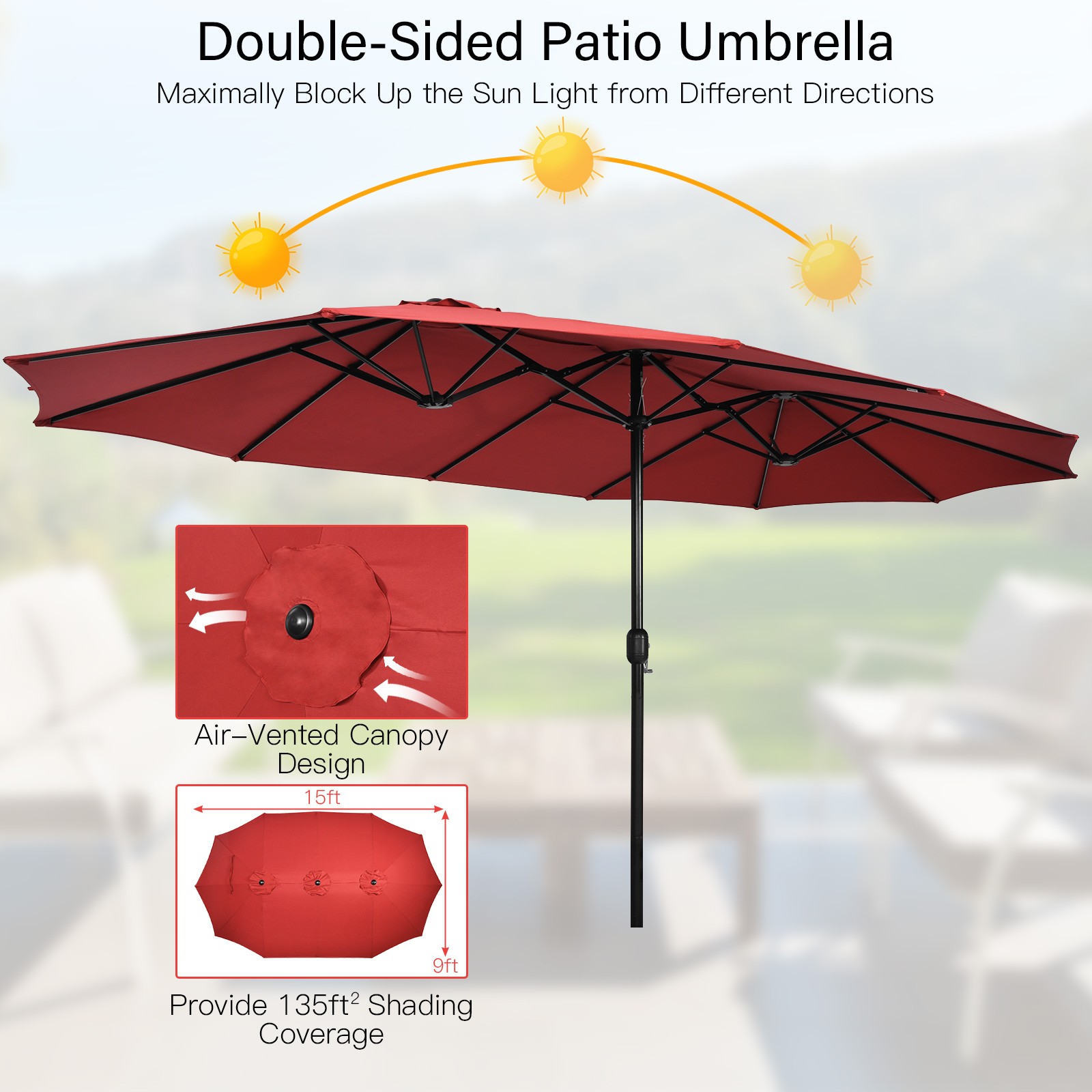 11PCS Patio Wicker Dining Set w/Double-Sided Outdoor Umbrella 8 Stackable Chairs
