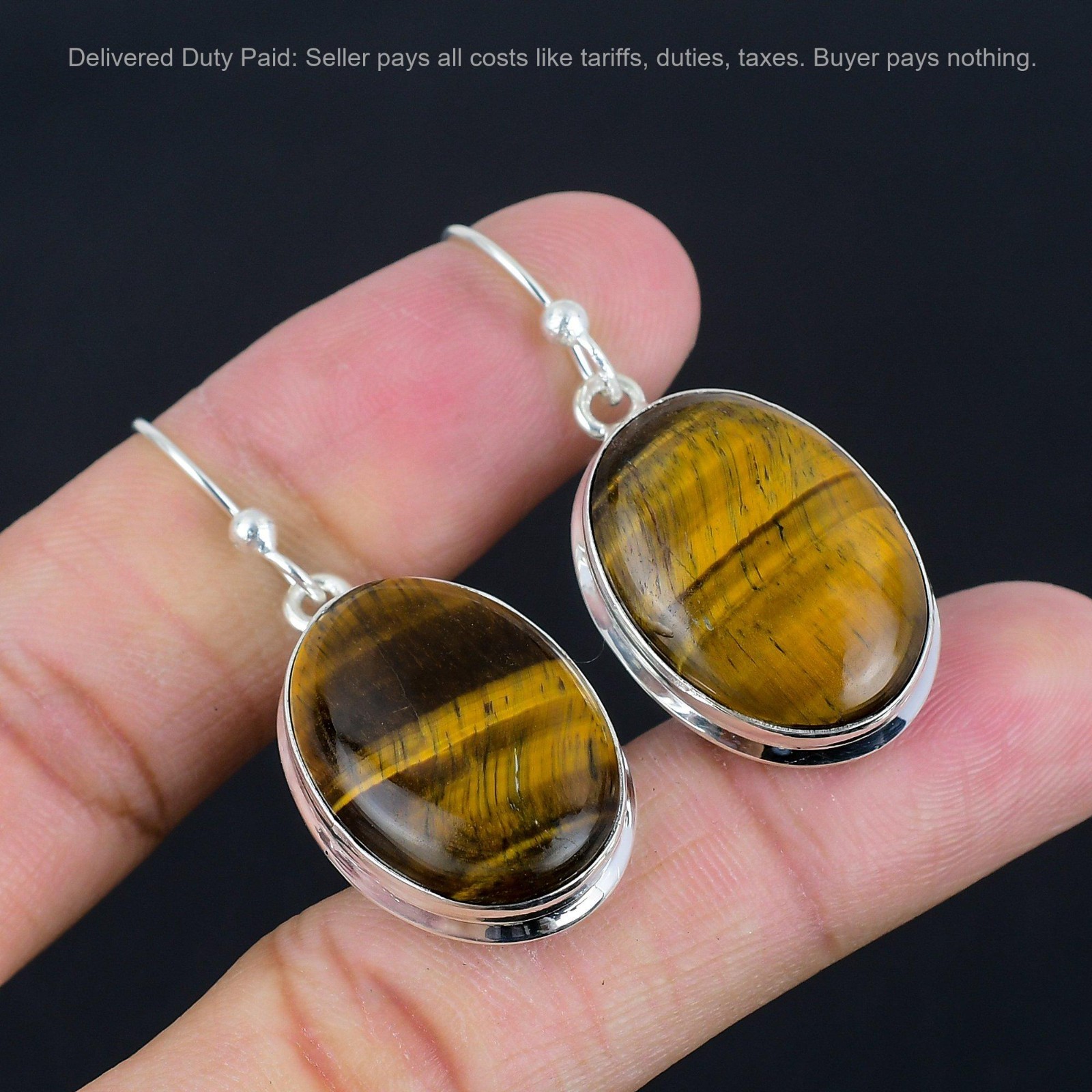 925 Sterling Silver Oval Natural Tiger's Eye Dangle Daughter Earrings Jewelry