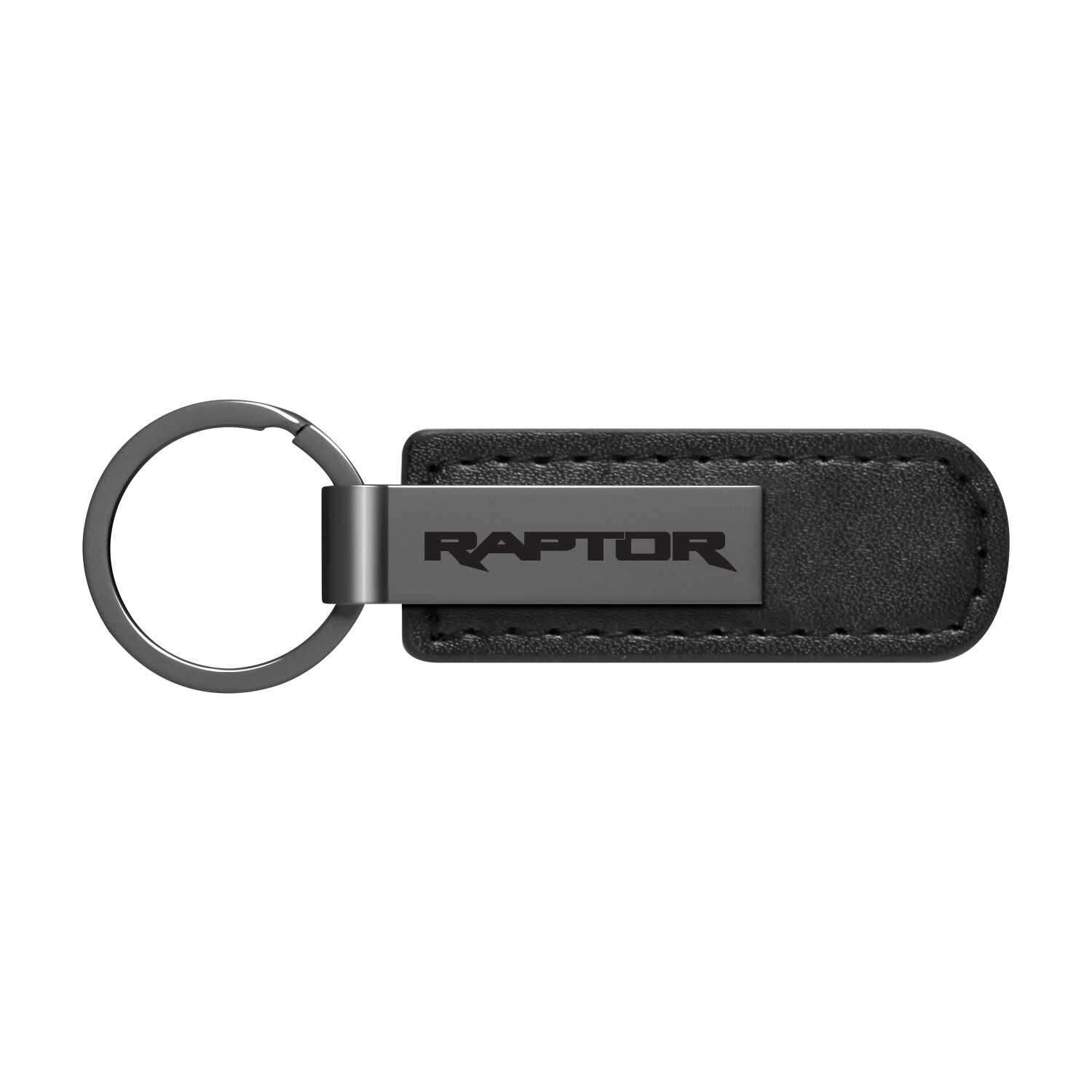 Ford F-150 Raptor Gunmetal Gray Metal Plate Black Leather Strap Key Chain