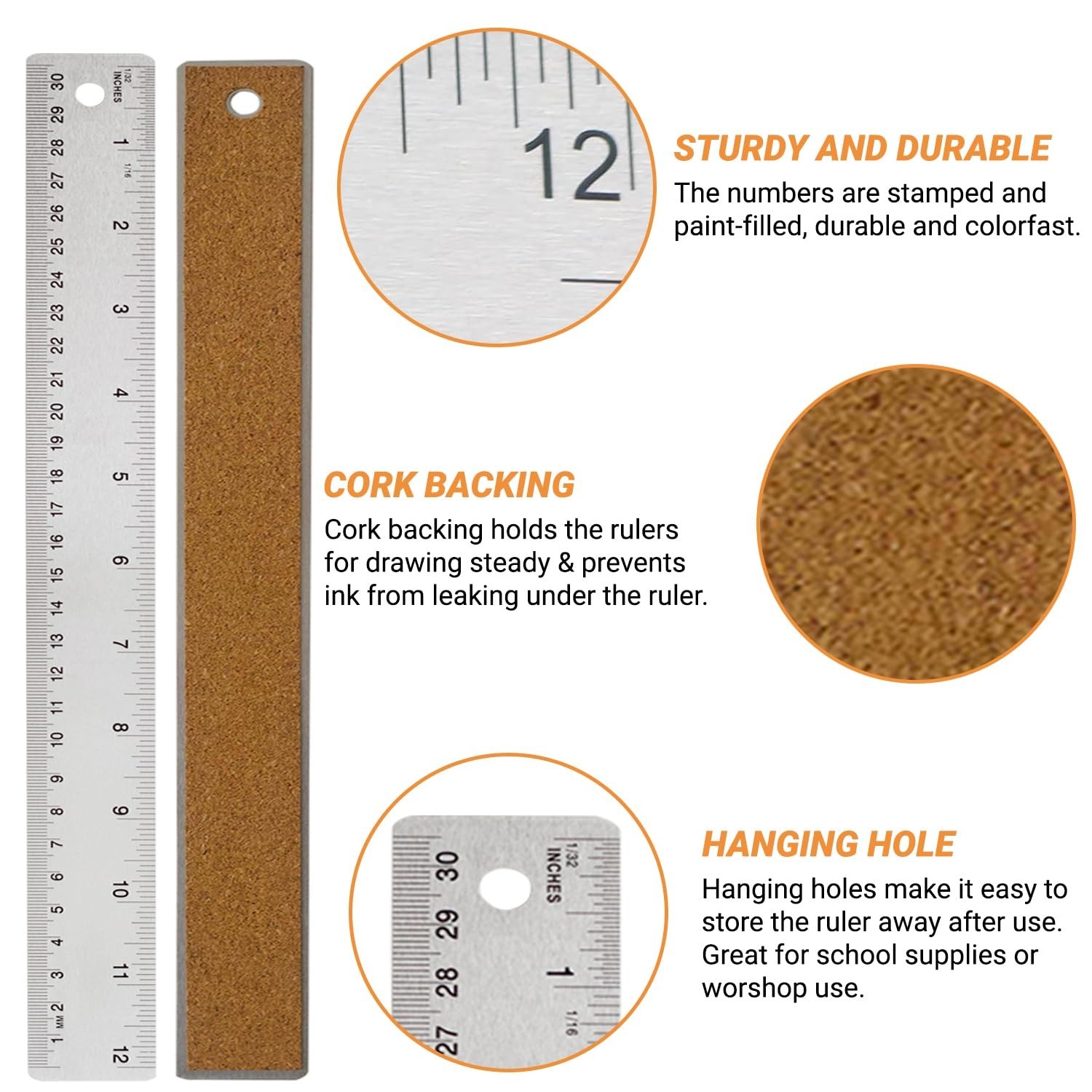 Stainless Steel Metal Ruler with Non-Slip Cork Back for Home Improvement, Planne