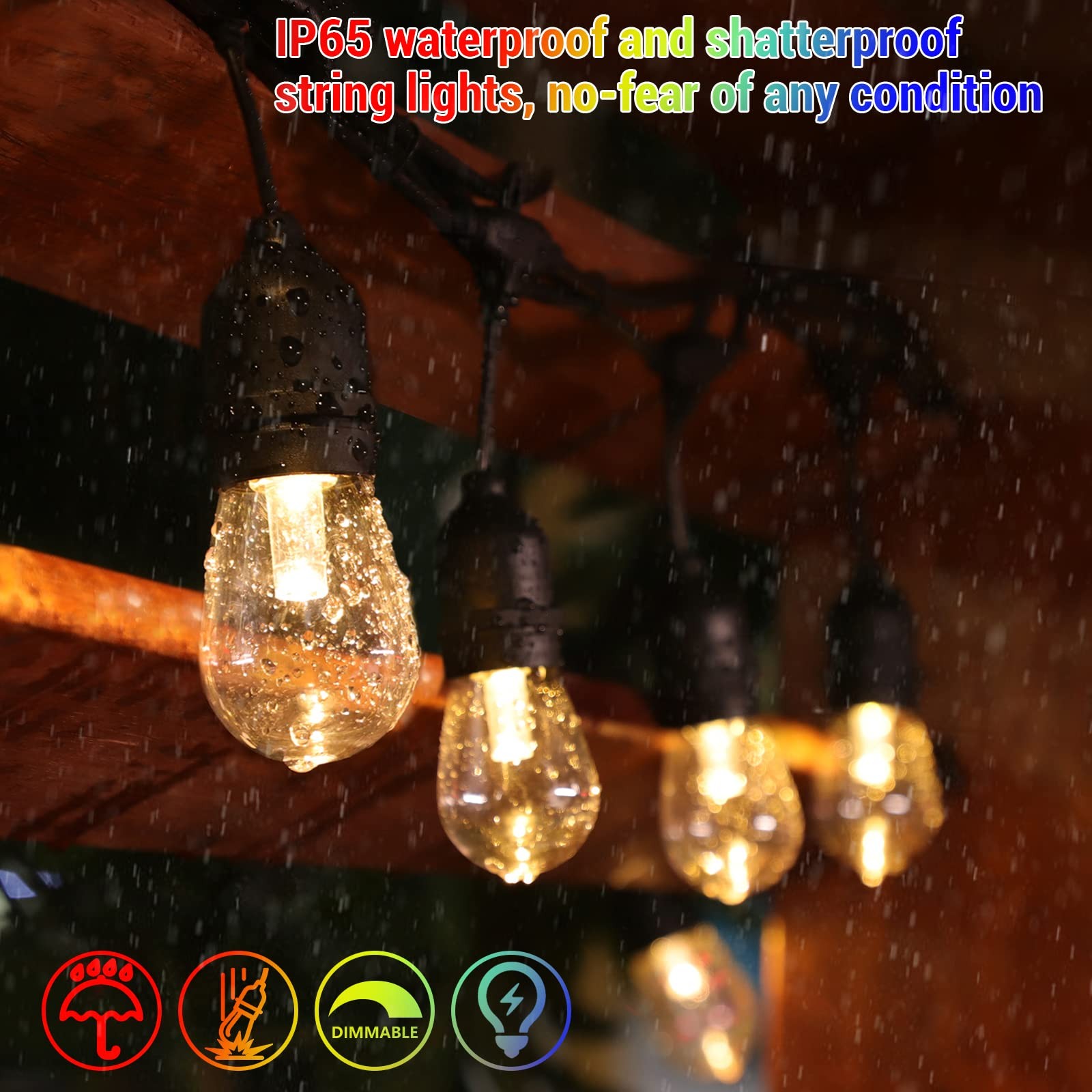 Solar String Lights 48FT 15+3 LED Bulbs Dimmable Waterproof Multicolor WENFENG