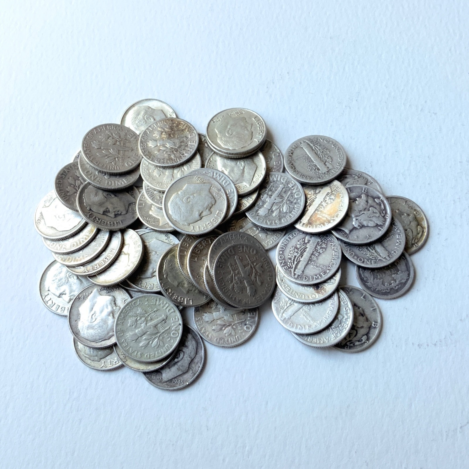 Lot of 58 Vintage Silver Dimes - 142.51g Mercury, Roosevelt + Bonus Coin