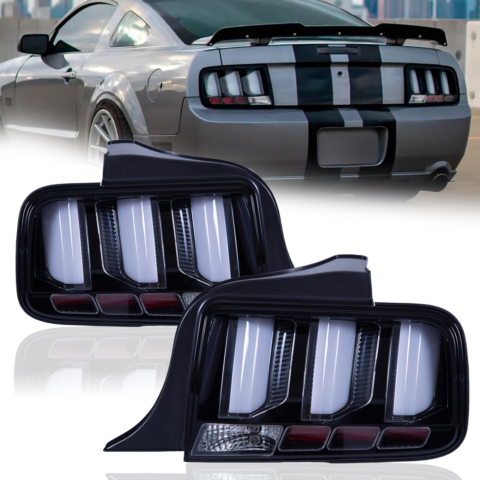 For 2005-2009 Ford Mustang LED Tail Lights Rear Brake Lamp White Tube Left&Right