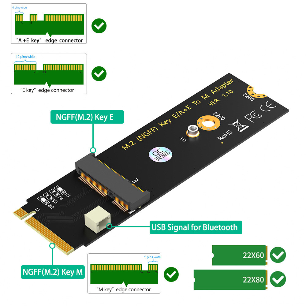Upgrade Version M.2 NGFF A+E Key WiFi/Bluetooth Card to M.2 Key M Adapter Car