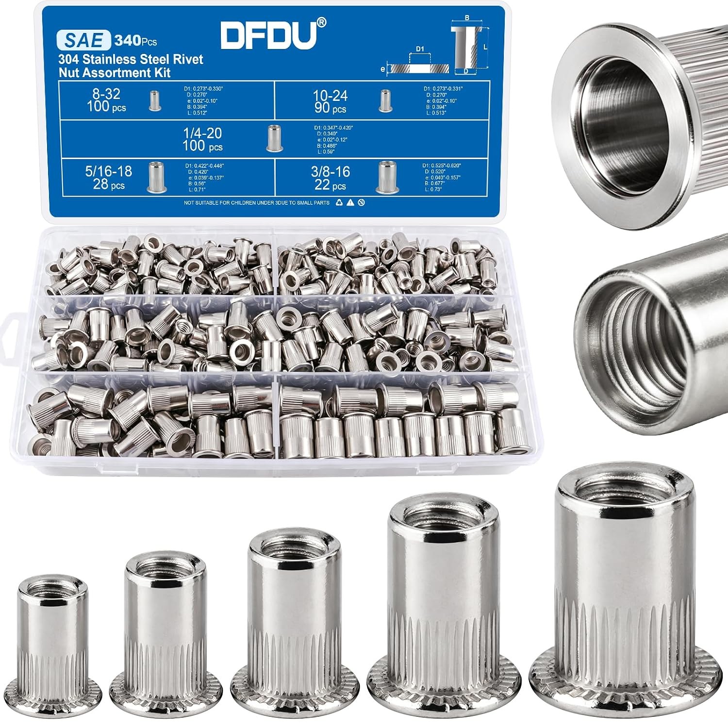 340Pcs 304 Stainless Steel SAE Rivnut Assortment Flat Head For Auto DIY