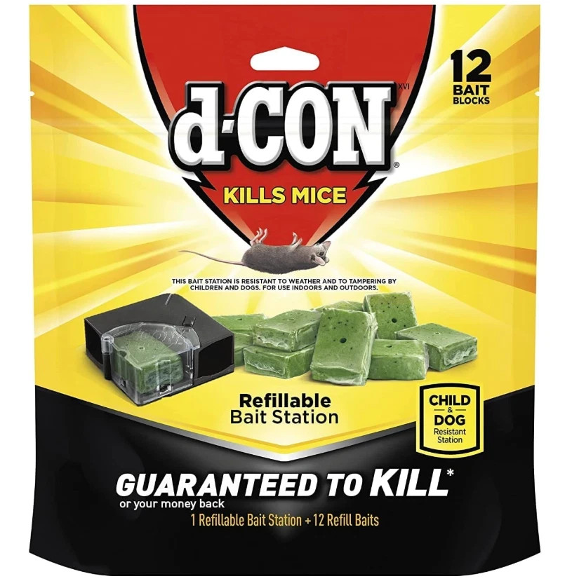 d-Con Refillable Mouse Bait Station – Includes 1 Station + 12 Bait Blocks, Kills