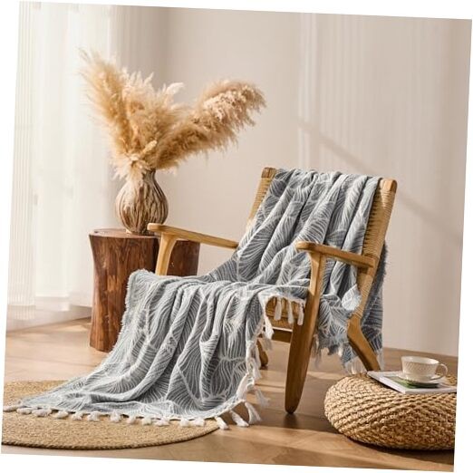 Chenille Cotton Throw Blanket for Couch, Lightweight Boho Blanket 60"x80" Grey