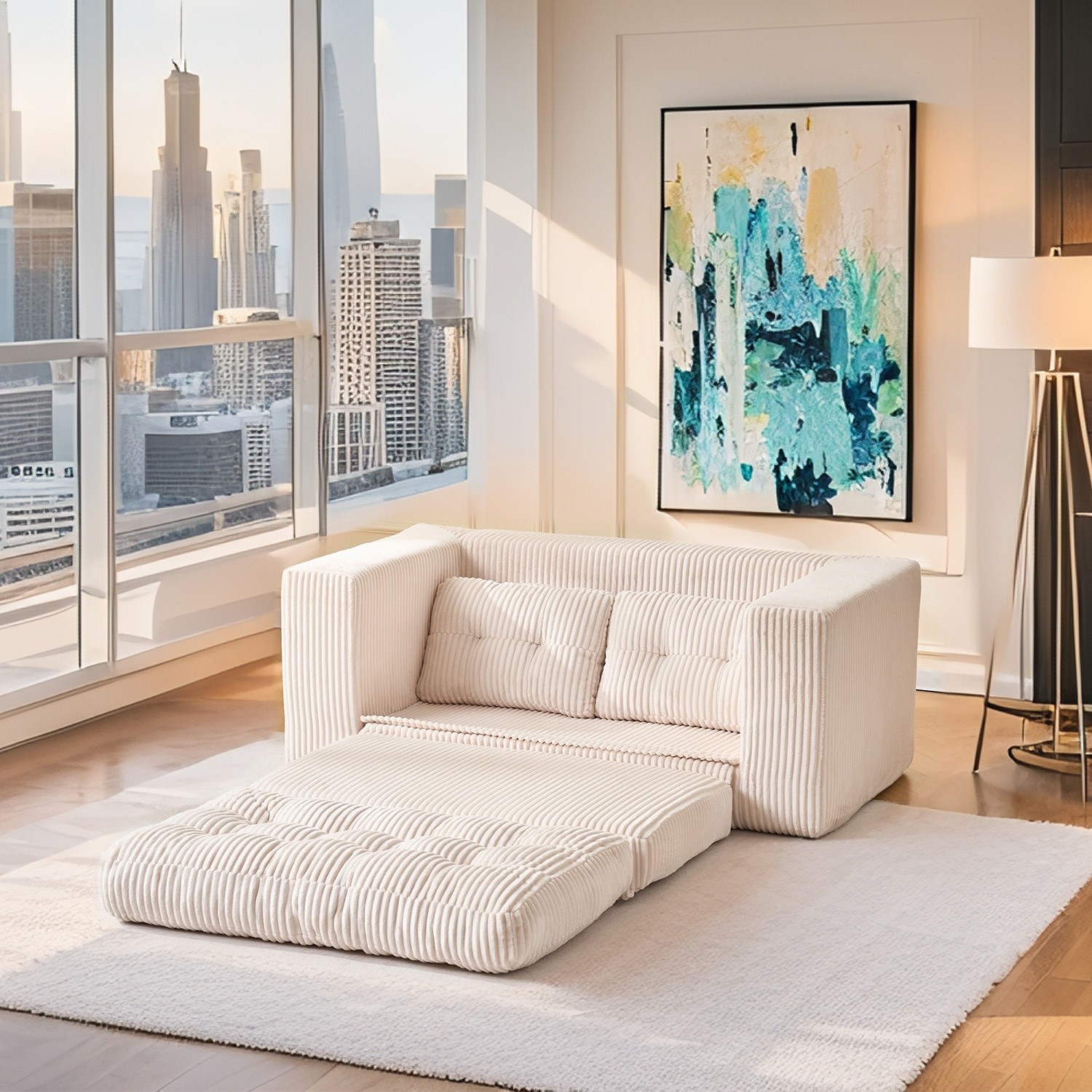 Folding Convertible Sofa Bed Floor Loveseat Sofa w/ Steel Frame for Small Space