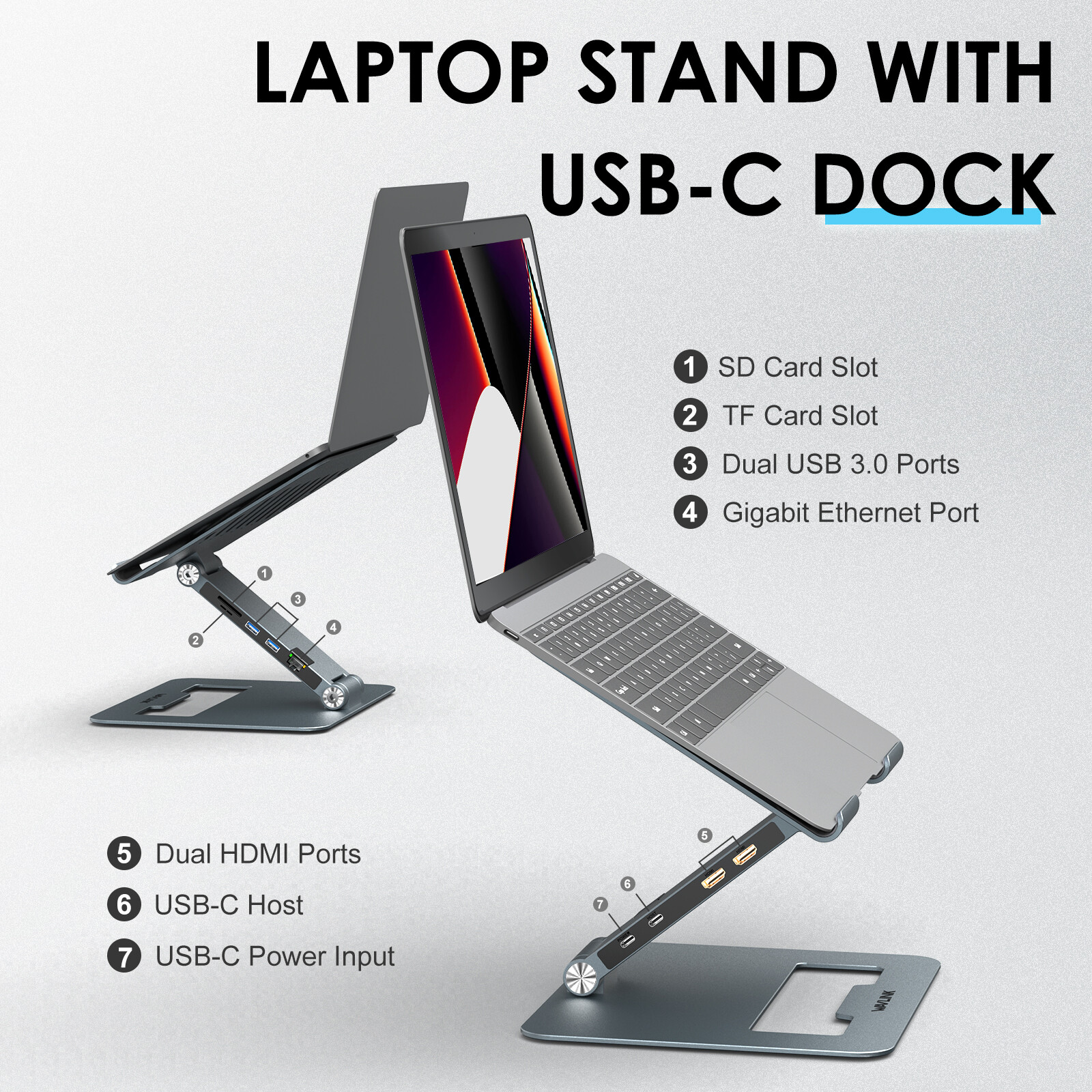 9-in-1 USB C Dock Laptop Stand Computer Riser Dual HDMI RJ45 for 10-17" Notebook