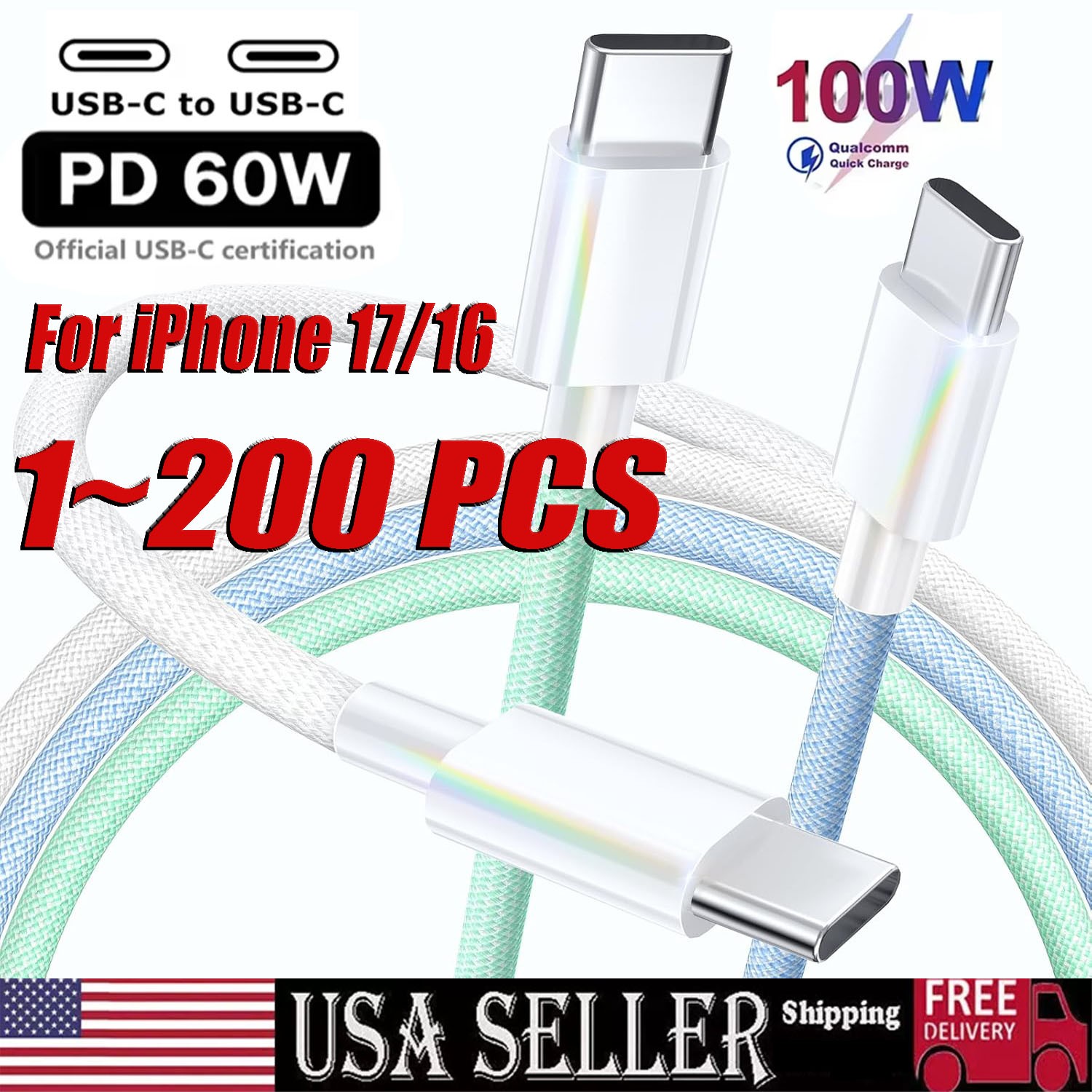 For iPhone 17 15 Pro USB-C to USB-C Cable Fast Charger Lot Type C Charging Cord