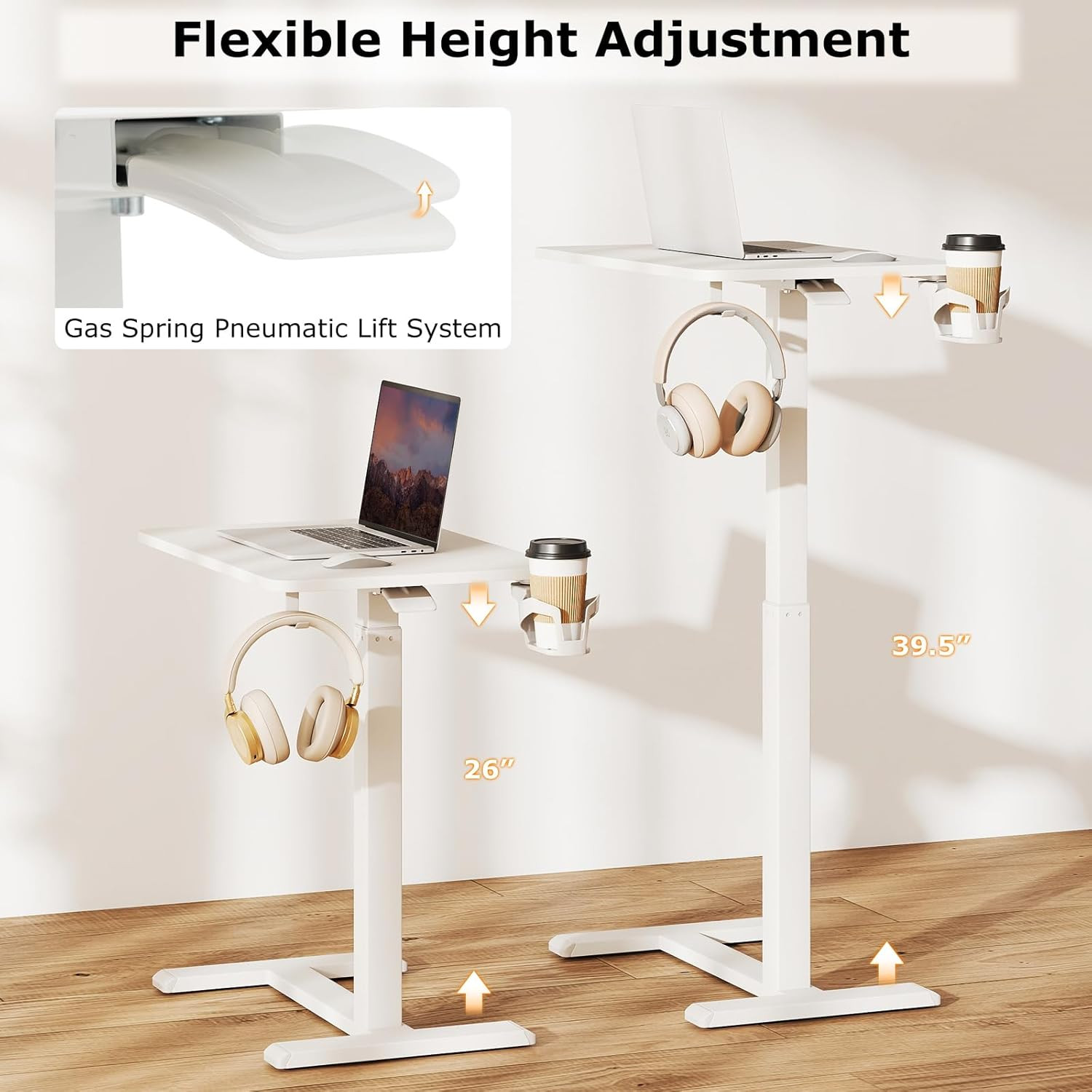 Pneumatic Mobile Standing Desk with Cup Holder & Headphone Hook - White