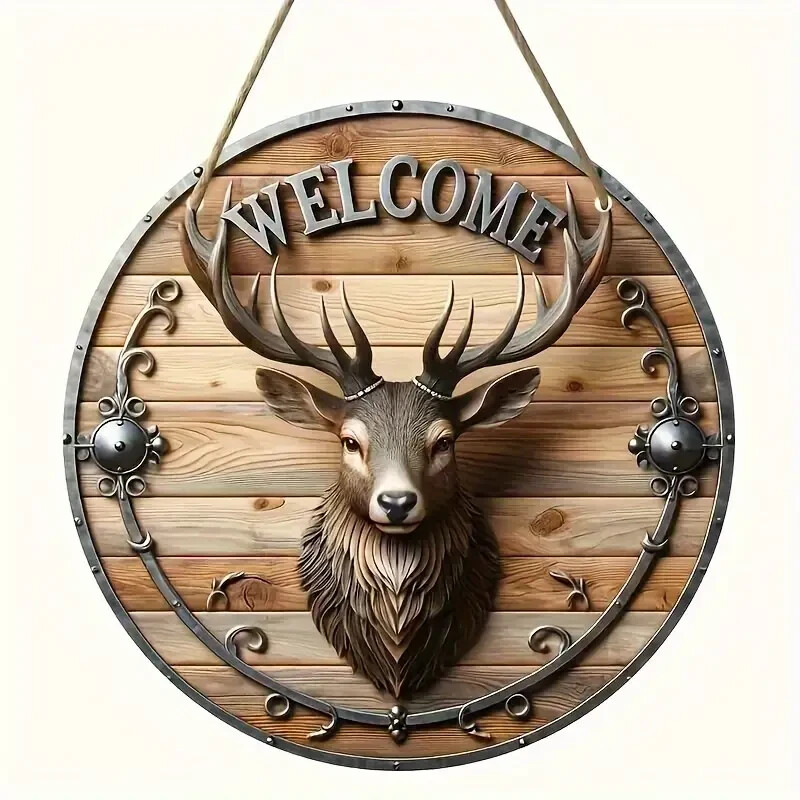 Welcome Buck Mount Deer Round Wreath Sign Wall Art Decor