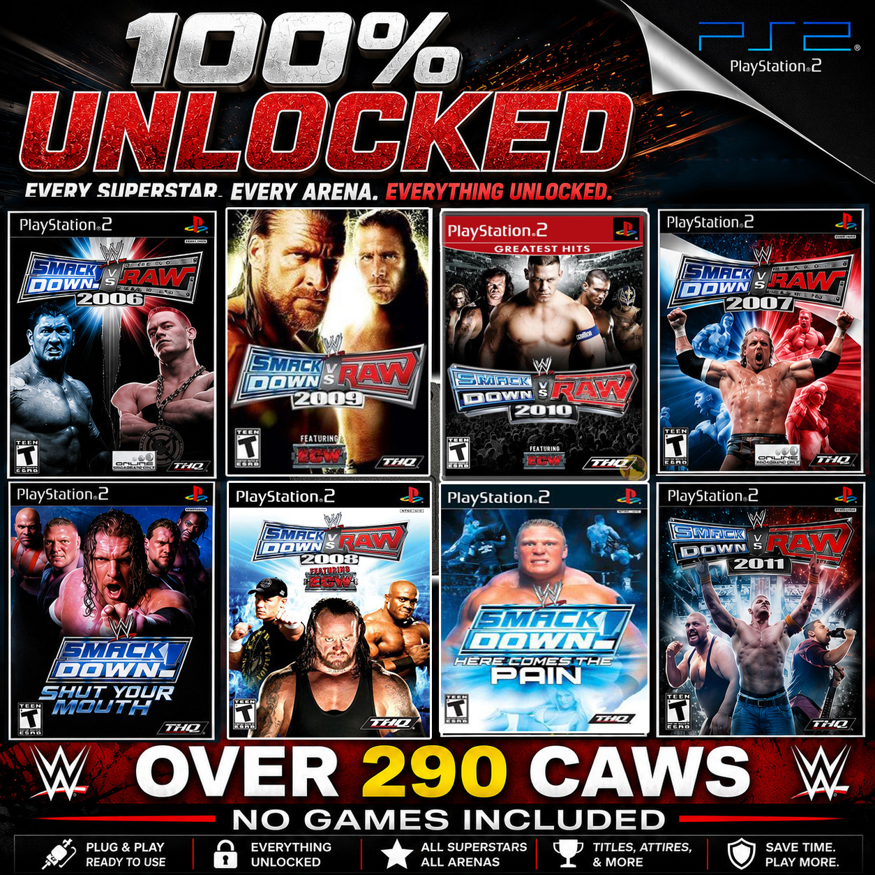 WWE CAWs Created Wrestlers Pack HCTP PS2 MEMORY CARD SAVES Here Comes The Pain