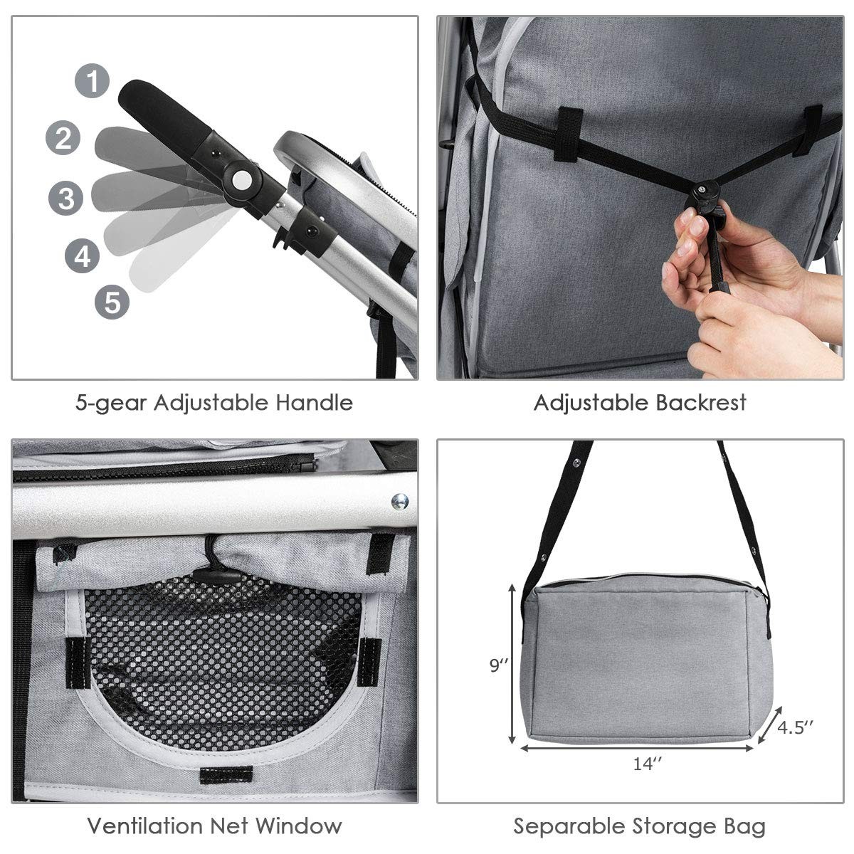 Convertible Baby Stroller with Adjustable Canopy & Storage - Gray