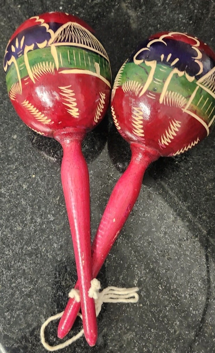 WOODEN MARACAS HAND CARVED PAINTED  FOLK ART  SET OF 2