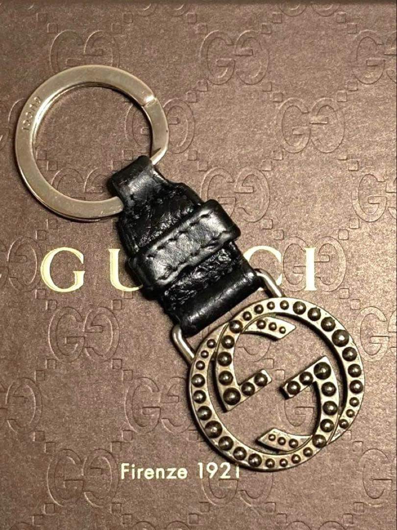 GUCCI Leather Keychain Black Interlocking GG Key Ring Charm