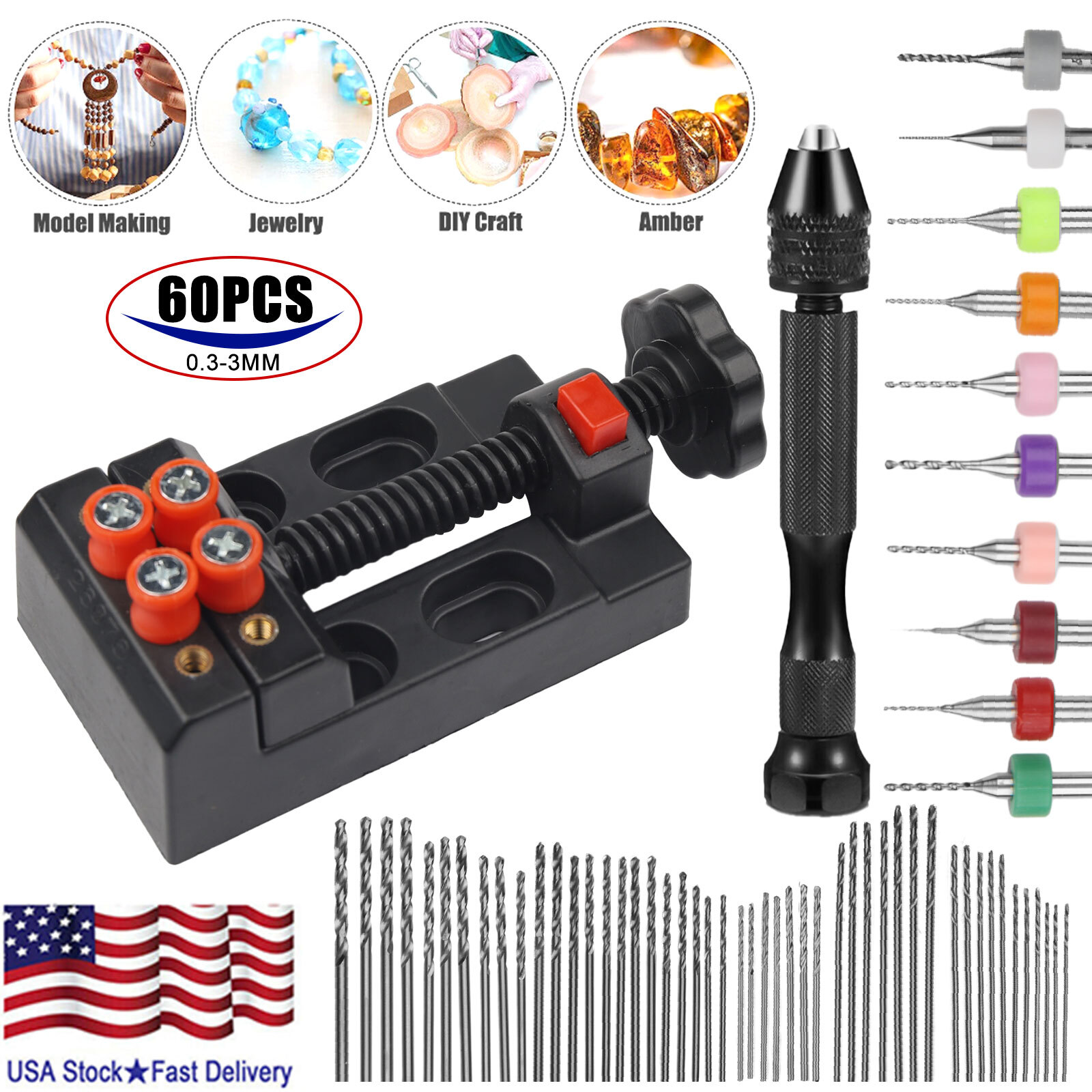 60Pcs Pin Bench Vise Mini Micro Hand Twist Drill Bits Set for Rotary Tools Kit