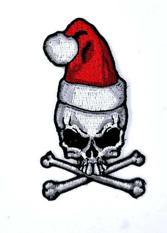 Pirate Santa Skull & Crossbones Small Iron-On Embroidered Patch 1 3/4" X 3 3/8"