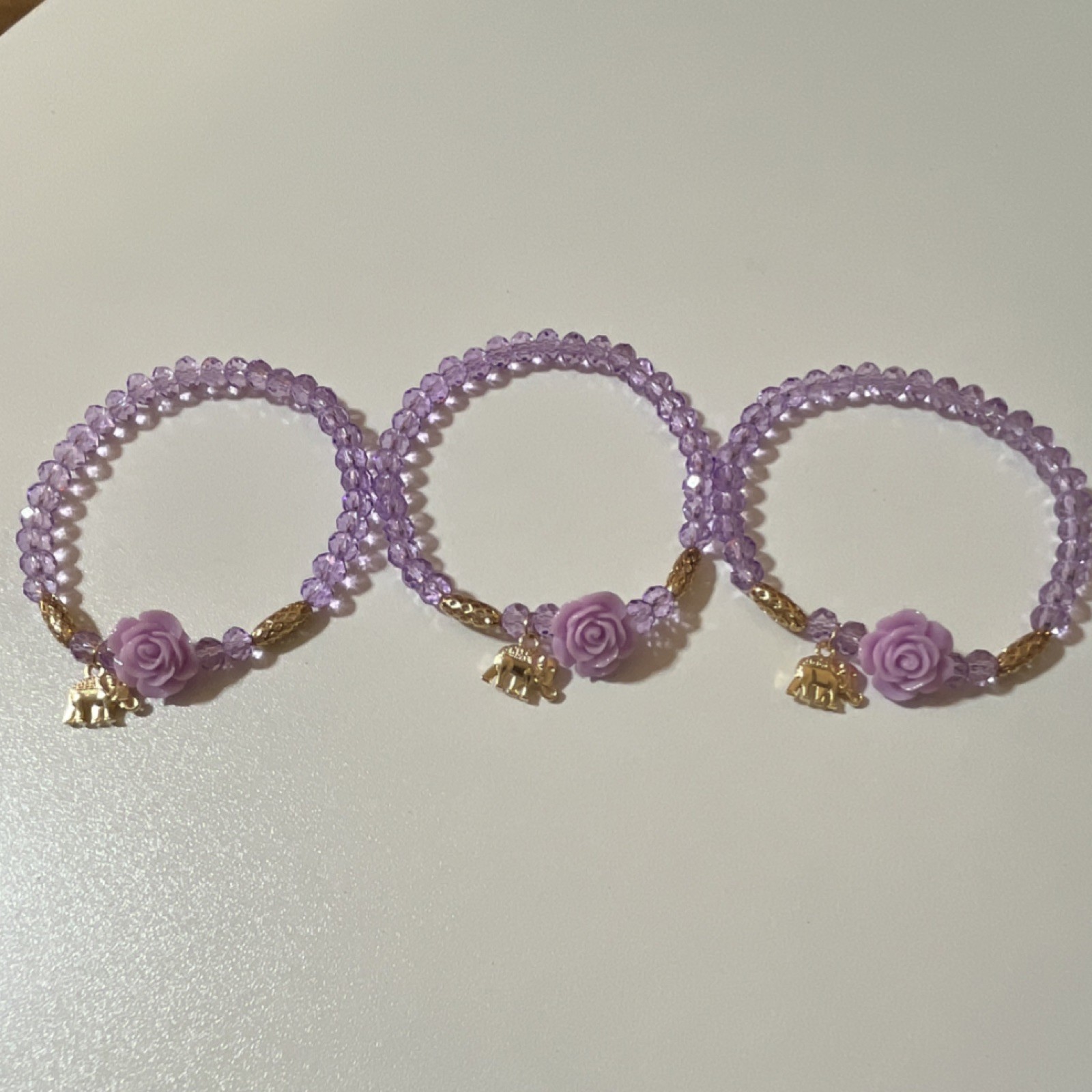 Purple and Gold Beaded Charm Bracelets Set of 3 with Flower Elephant Charms
