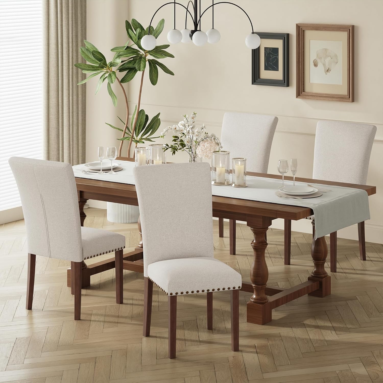 Upholstered Dining Chairs Set of 4, Beige | Linen Beige Kitchen Room Chairs with