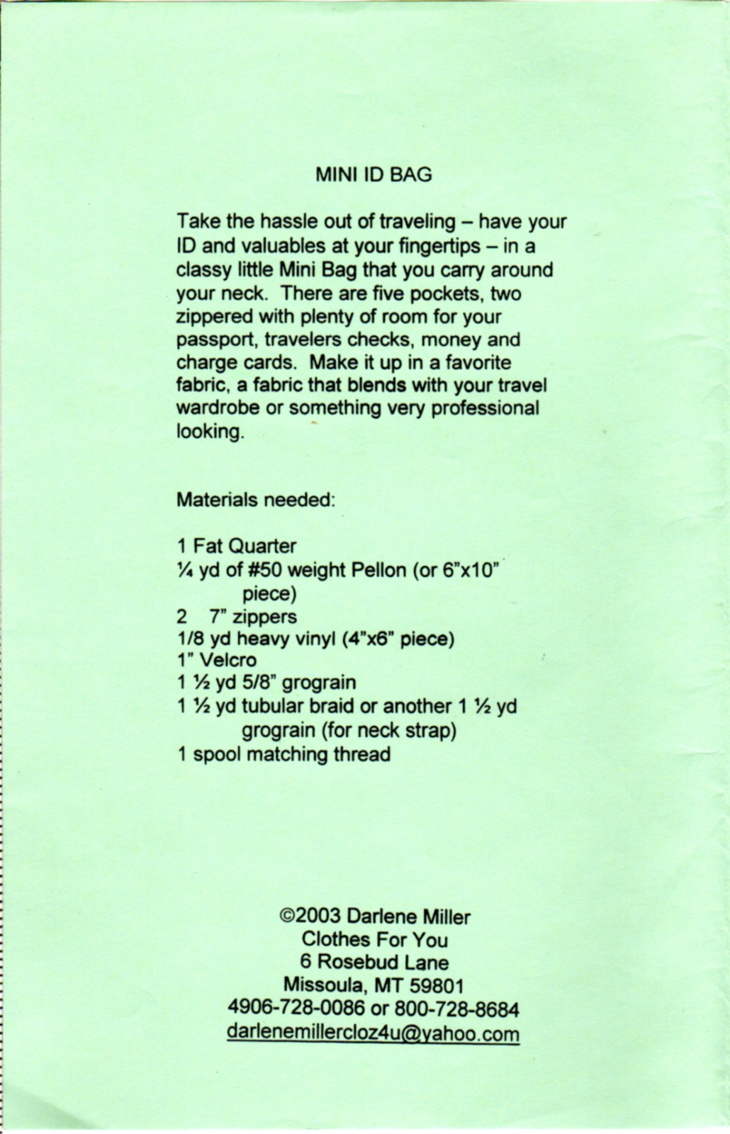 UNCUT 2003 Clothes For You Sewing Craft Applique Pattern "Mini ID Neckbag"