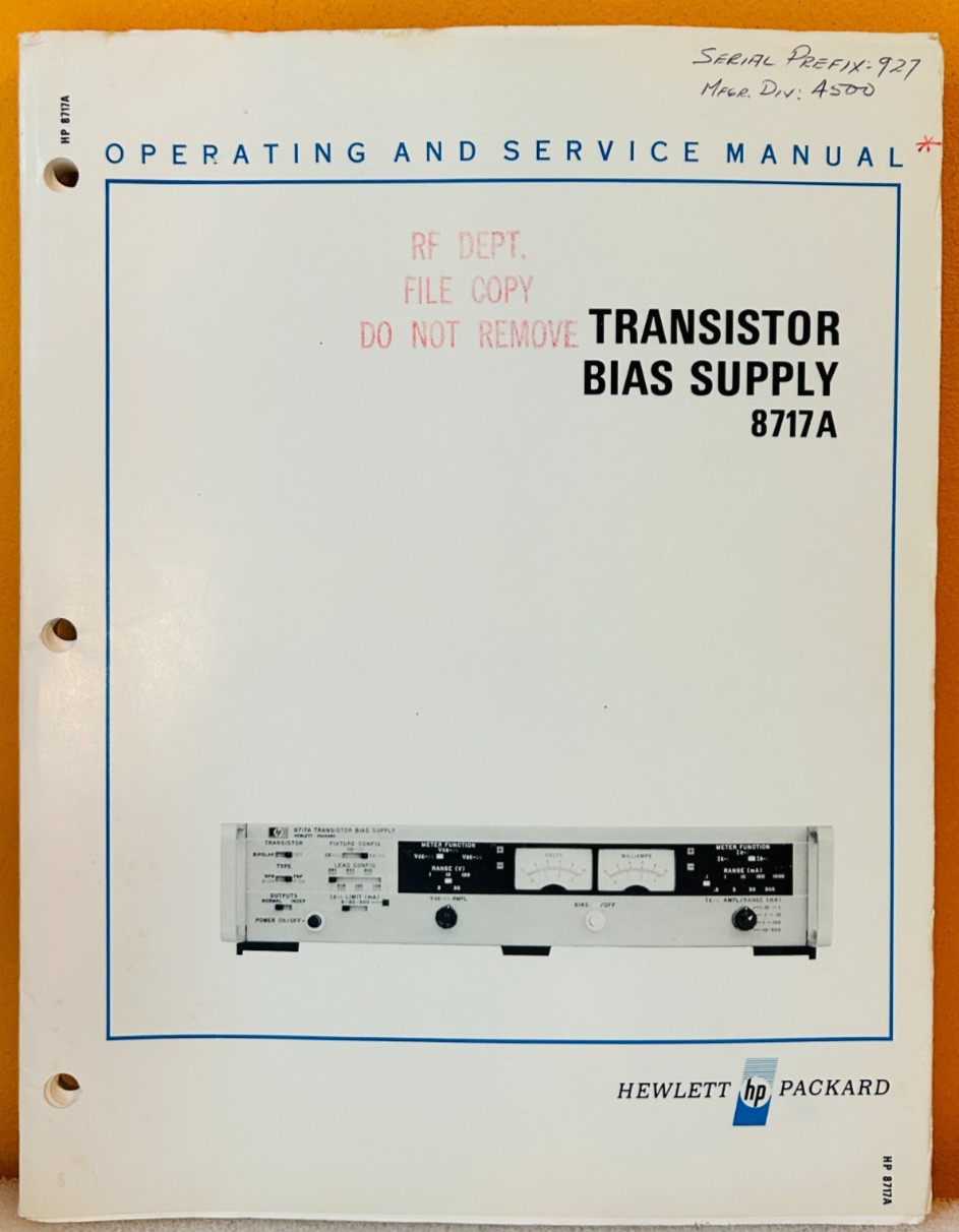 HP 08717-90005 1969 8717A Transistor Bias Supply Operating & Service Manual.