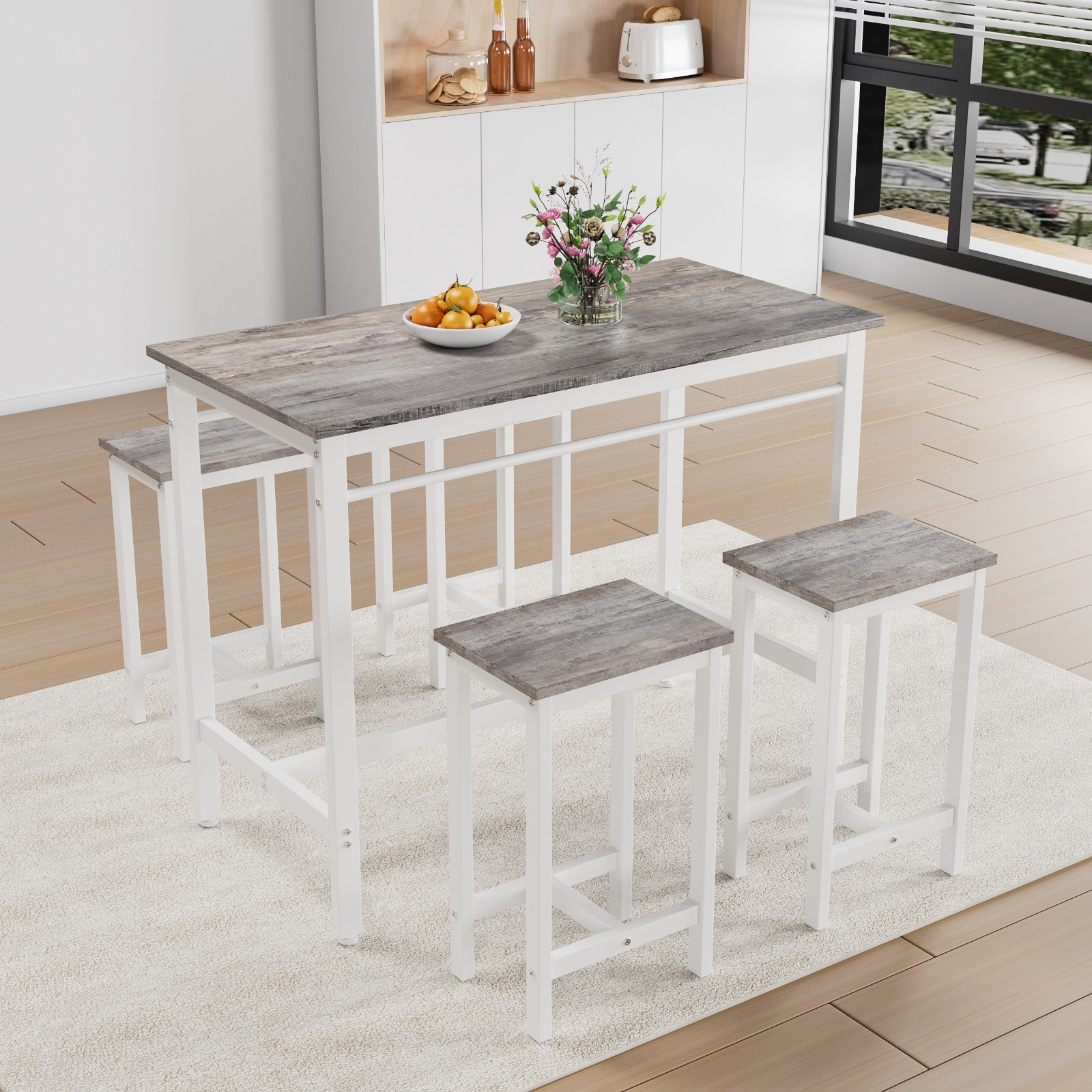 Modern 5PC Kitchen Bar Table Set w/Stools Metal Frame White Oak