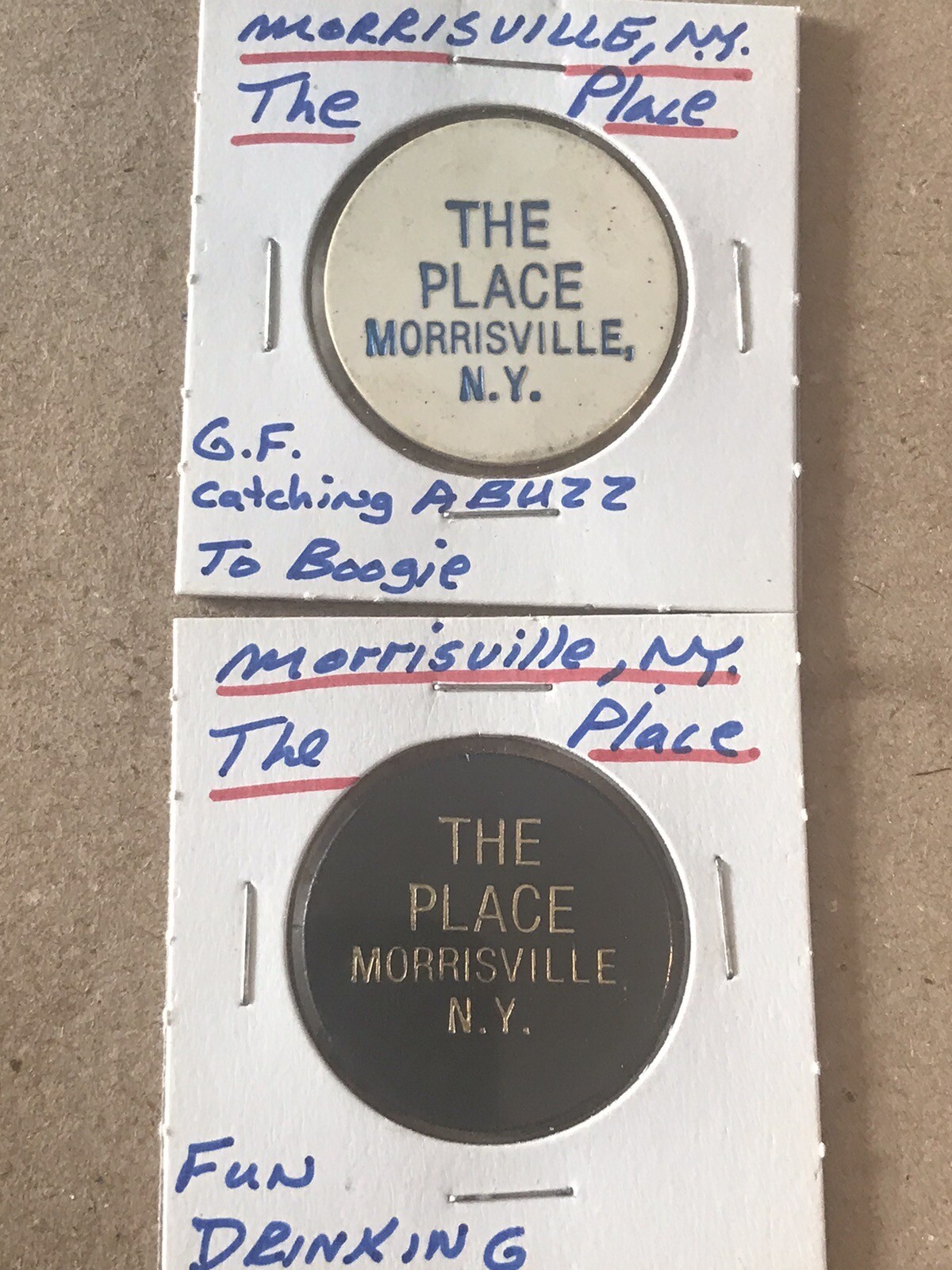 Two Plastic Advertisement Tokens - The Place, Rare Ones - Morrisville, NY