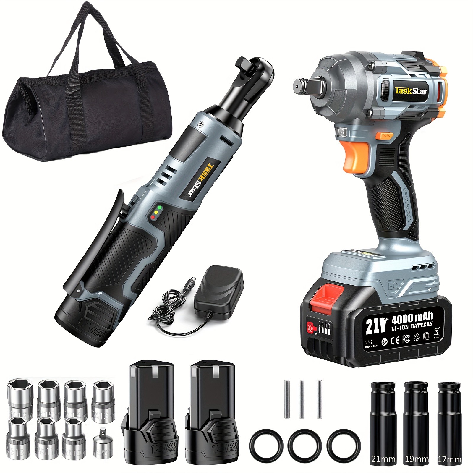 1/2" Cordless Impact Wrench Rechargable 3/8 Ratchet Wrench Battery Combo Kit Car