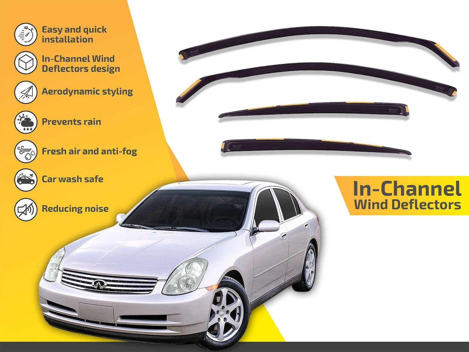 Wind Deflectors In Channel For Infiniti G35 2003-2006 4-Pcs Visors Rain Guard