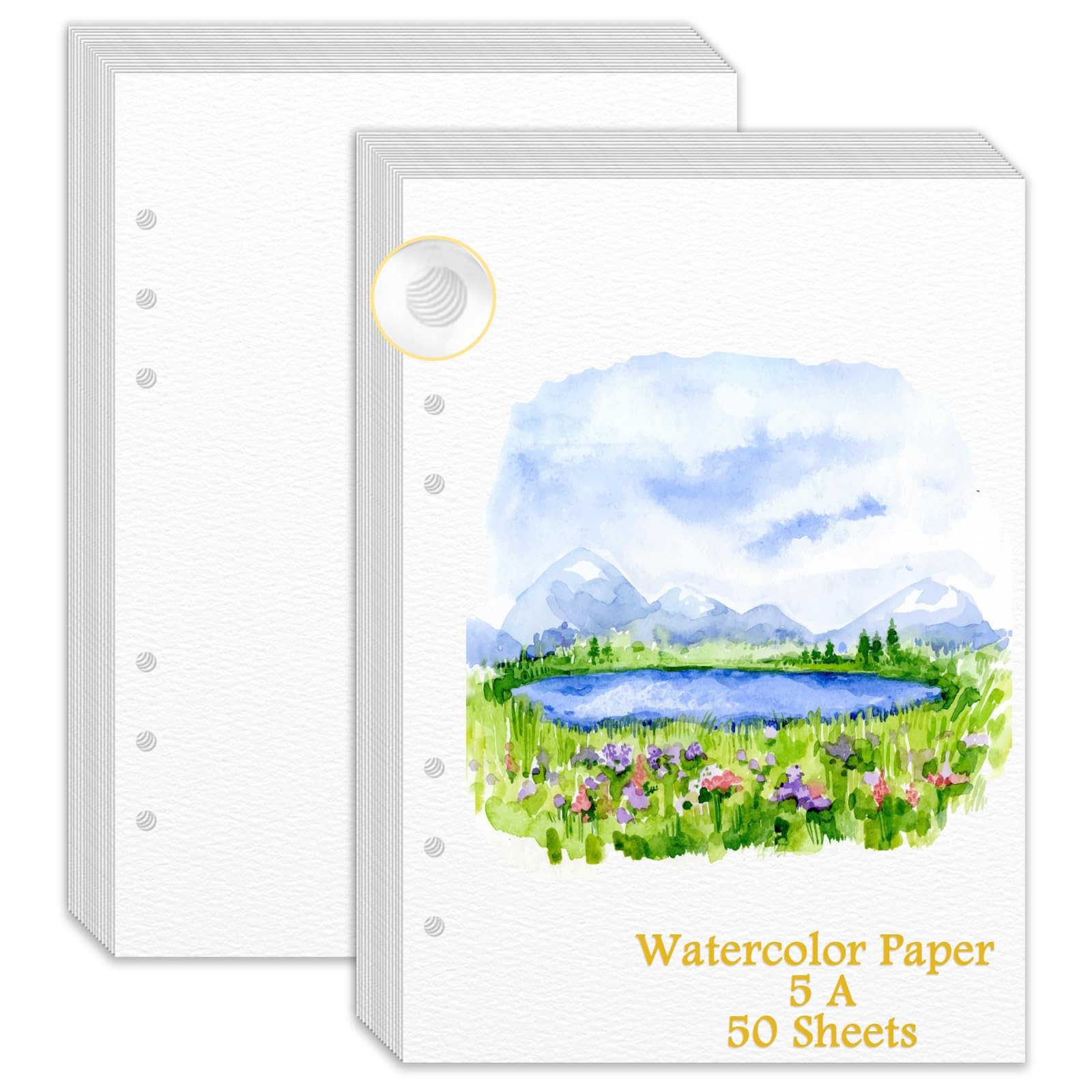 A5 Watercolor Paper 50 Sheets 140lb 6-Hole Punched Loose Leaf for Journal