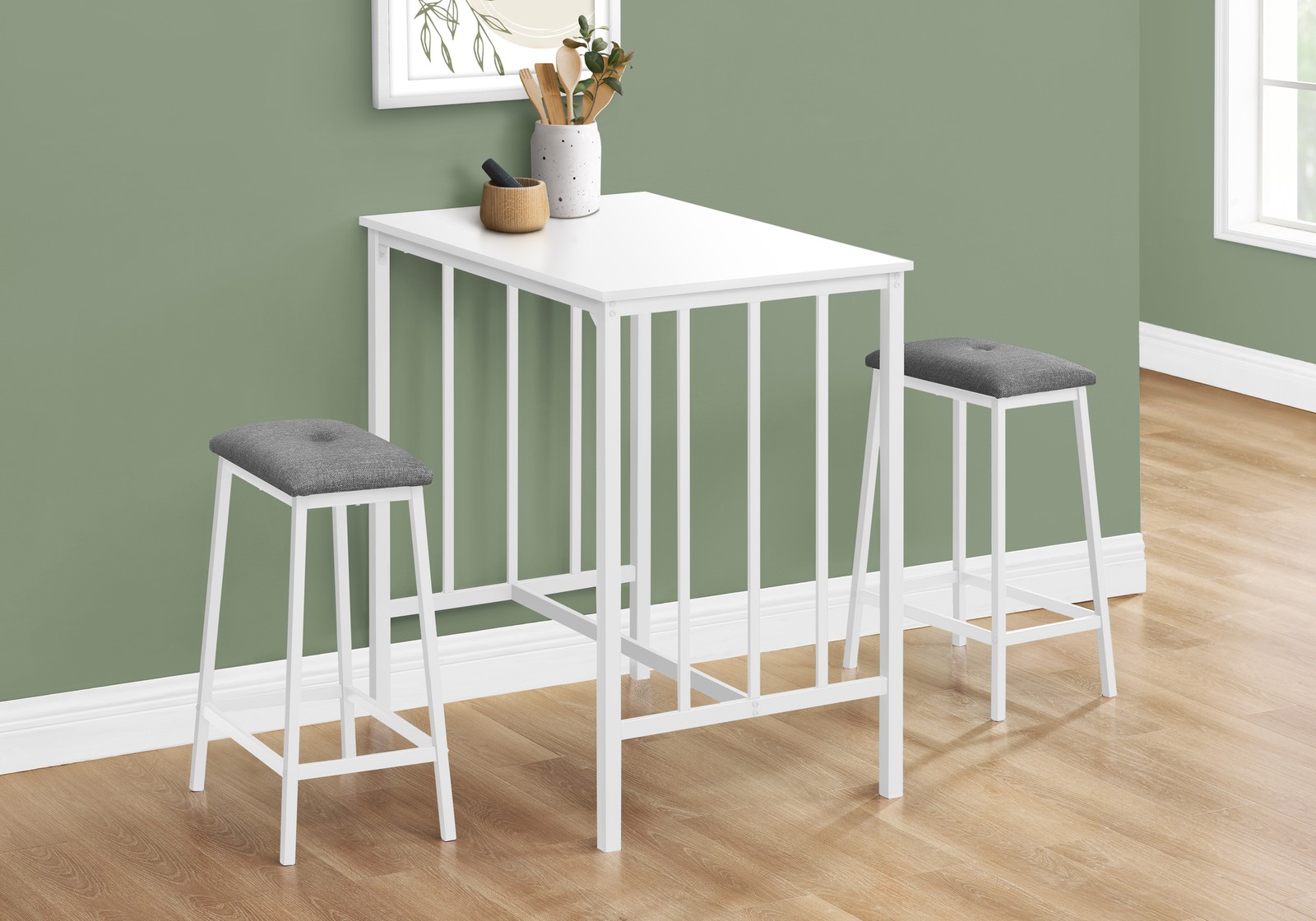 Dining Set, 3pcs Set, Counter Height, 36" Rectangular, Small, Kitchen, White L