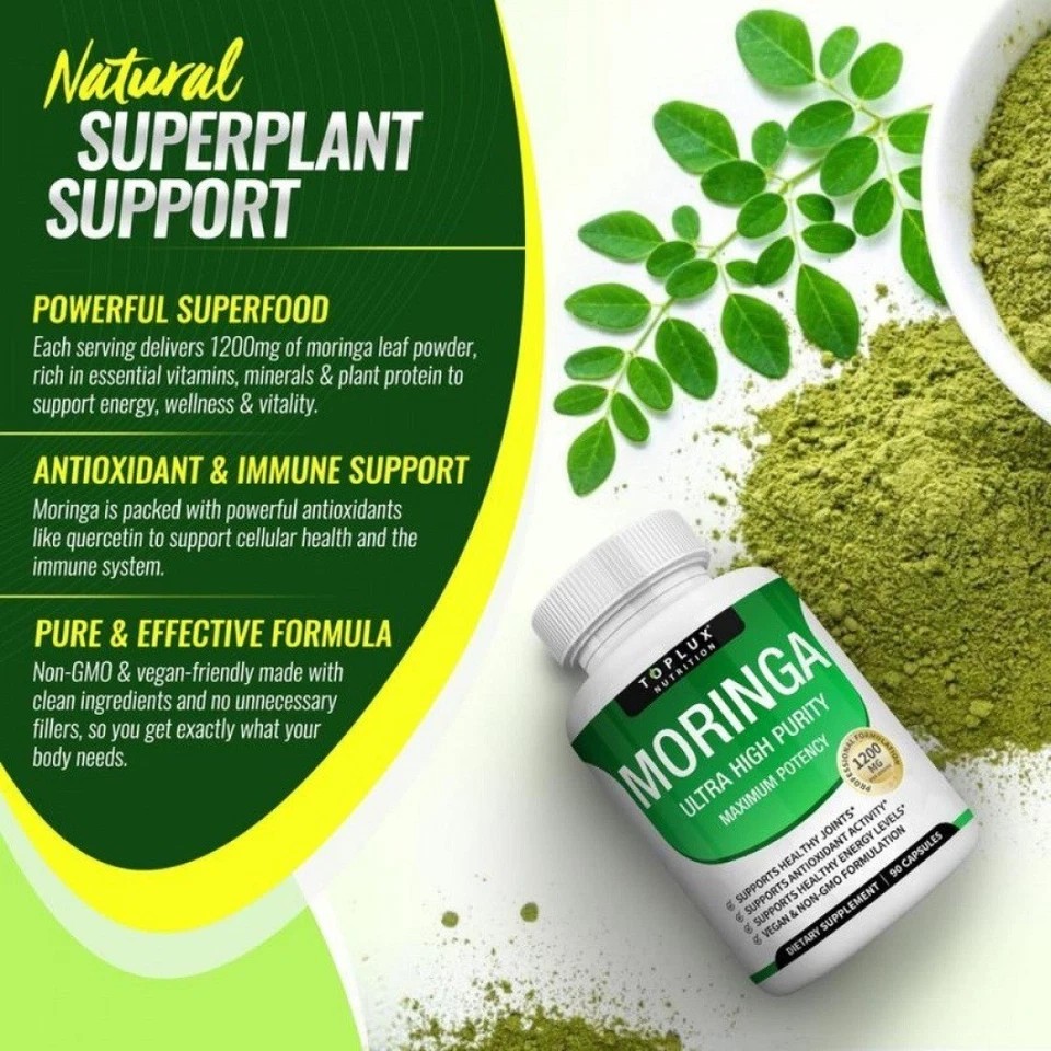 TOPLUX Moringa Capsules 1200mg Pure Moringa Powder Immune Gut health 90 Capsules