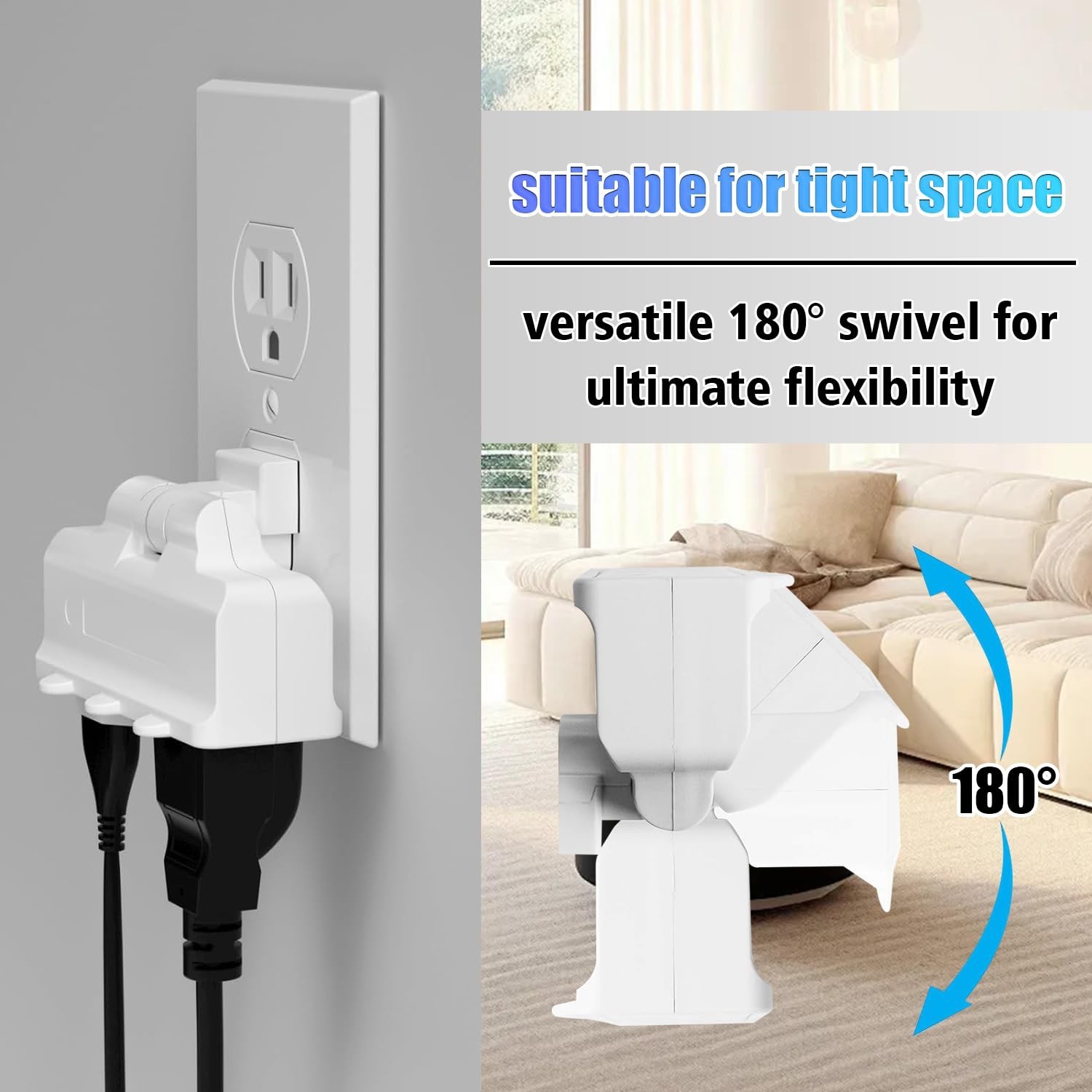 3 Plug Wall Adapter, 2-Pack 3 Outlet Adapter Grounded 180 Degree Swivel Wall ...