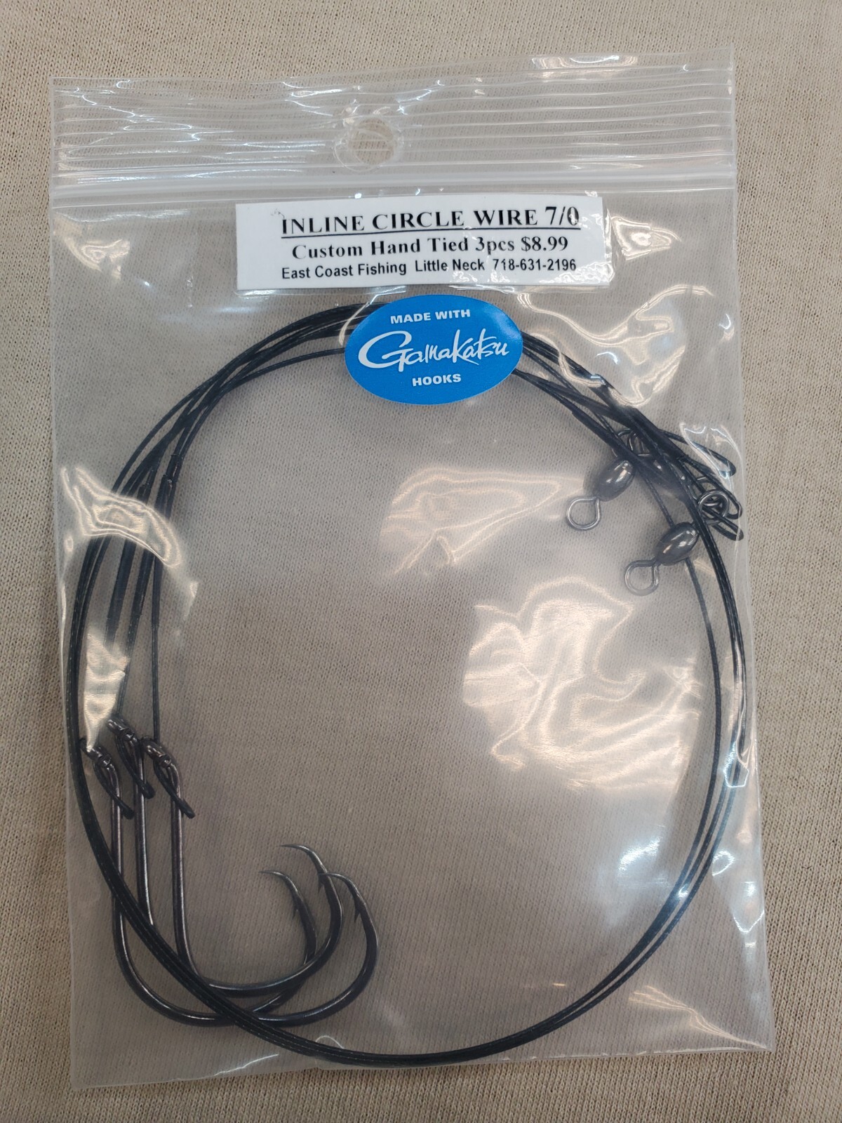 CUSTOM HAND TIED GAMAKATSU INLINE CIRCLE HOOKS WITH 18 INCH - 60LB WIRE LEADER