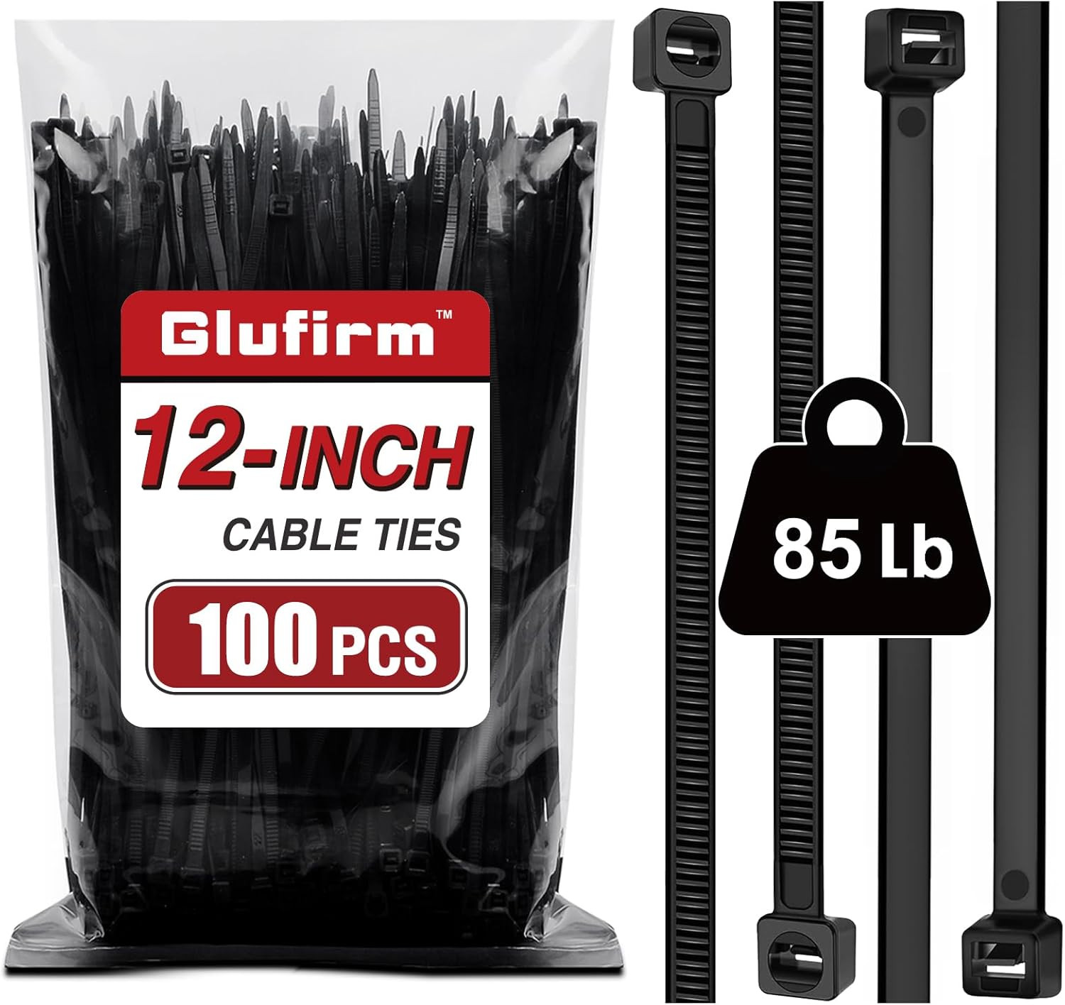 Zip Ties 12 Inch 100 Pack Double-Sided Toothed 85 lb Black Cable Tie Heavy Duty