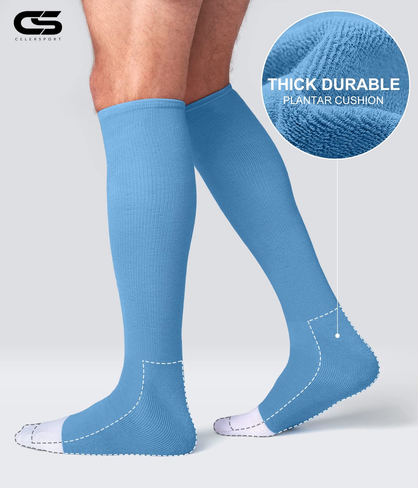 CELERSPORT 2 Pack Baseball Soccer Softball Socks Large, Light Blue（2 Pack）