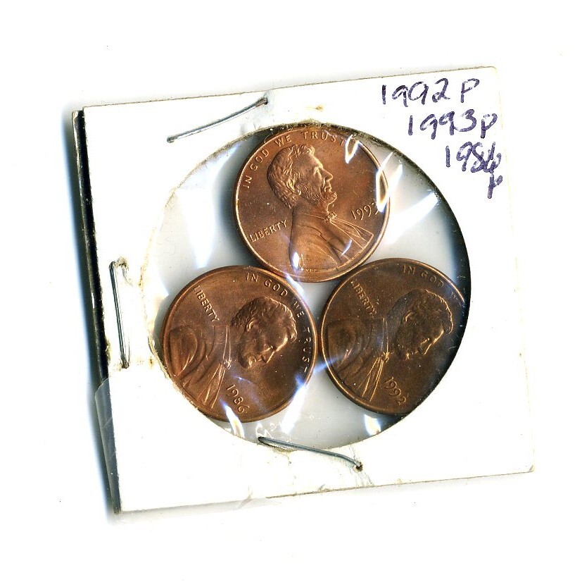 Lot 3 Lincoln Memorial Pennies - 1986 P, 1992 P, 1993 P