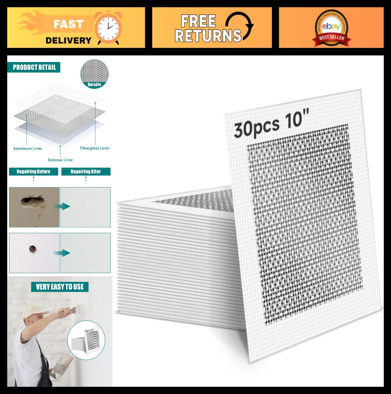 30Pcs 10" Large Drywall Repair Patches, Self-Adhesive Fiberglass Wall Repair Kit