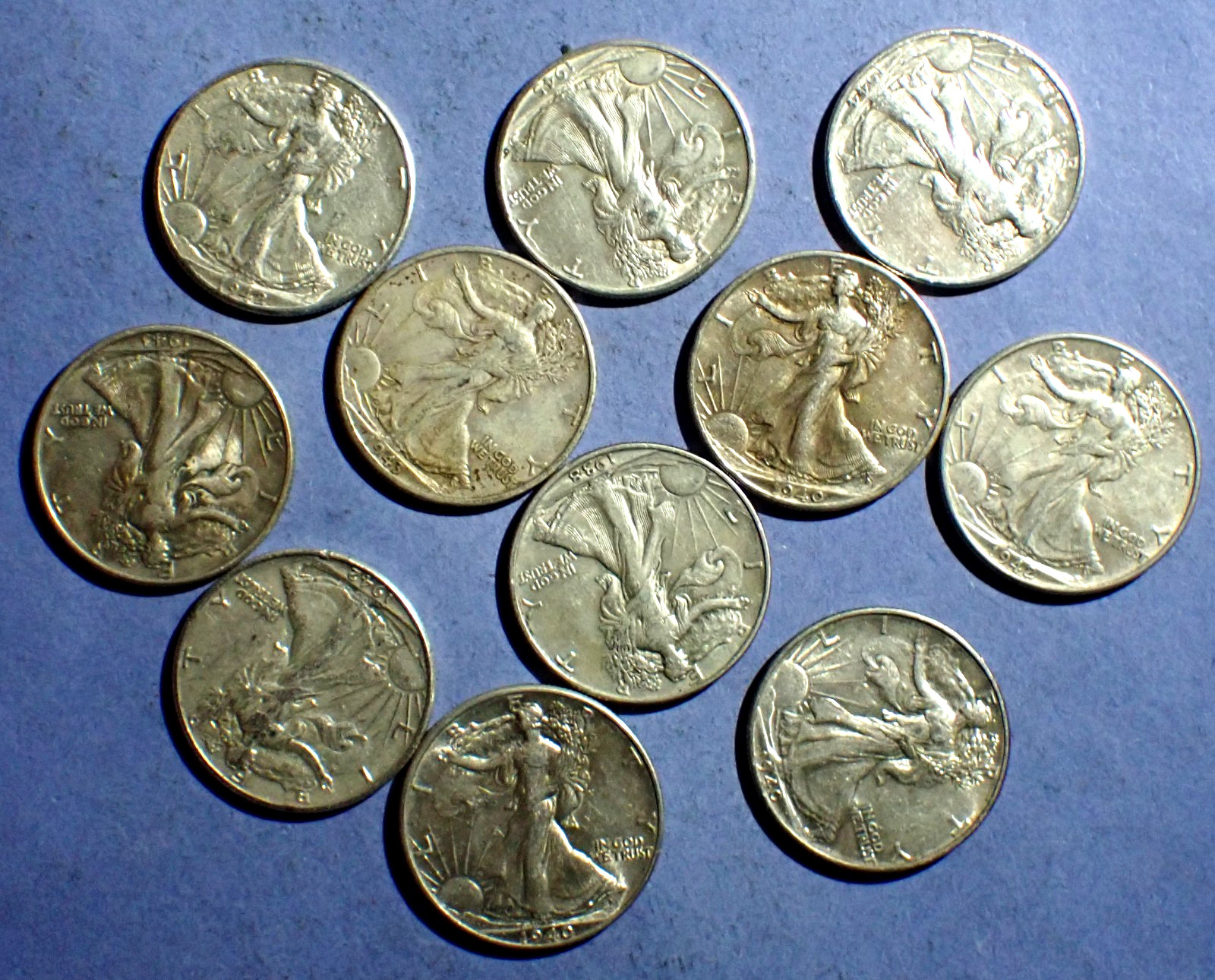 Lot of Eleven Walking Liberty Half Dollars  VF/XF