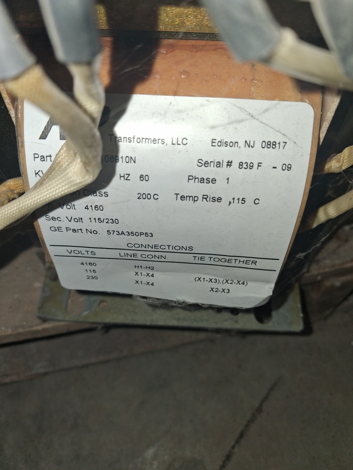Control Power Transformer 4160v To 115/230 1 Phase Secondary