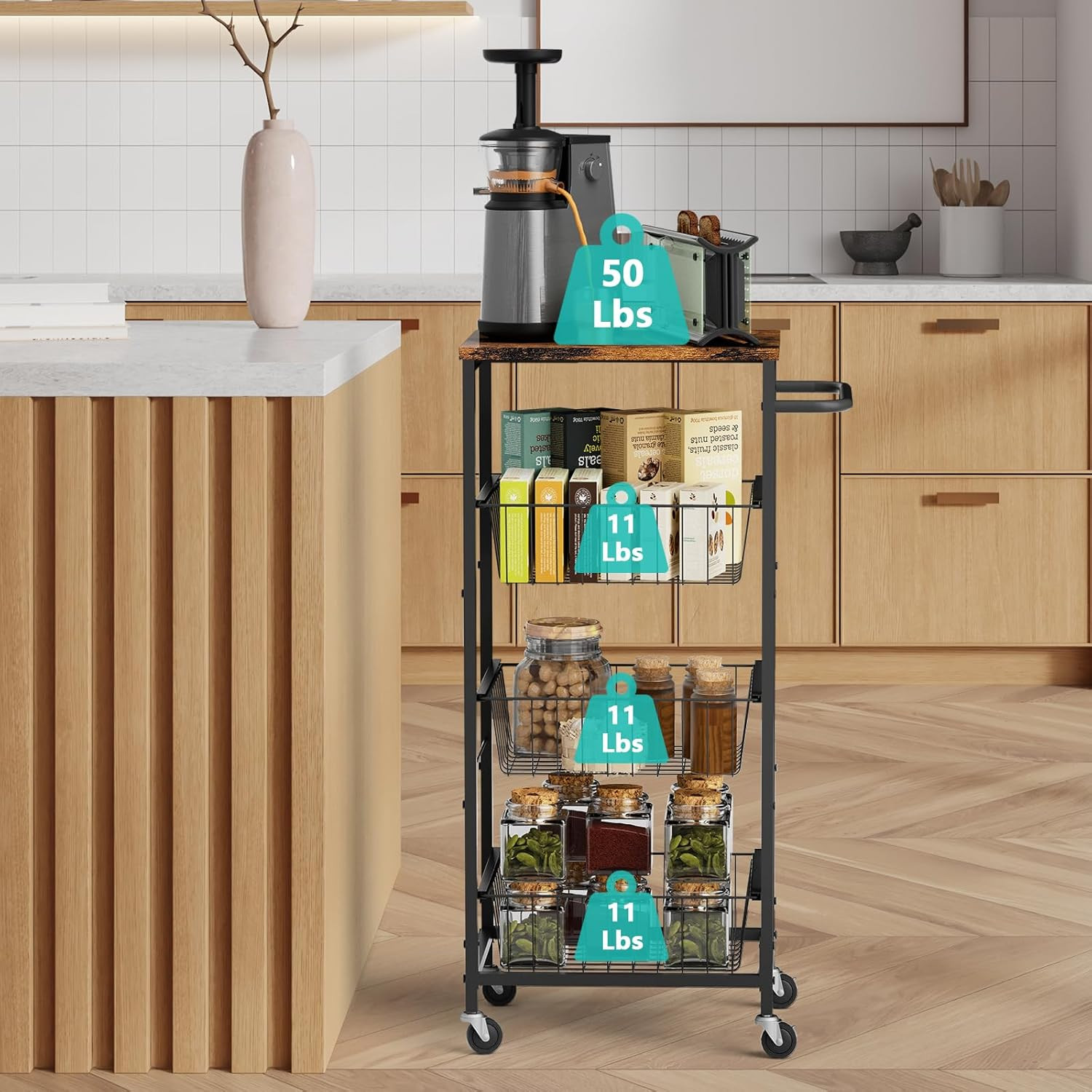 4 Tier Kitchen Storage Cart, Snack Rack Cart with Pull-Out Fruit Baskets, Mobile