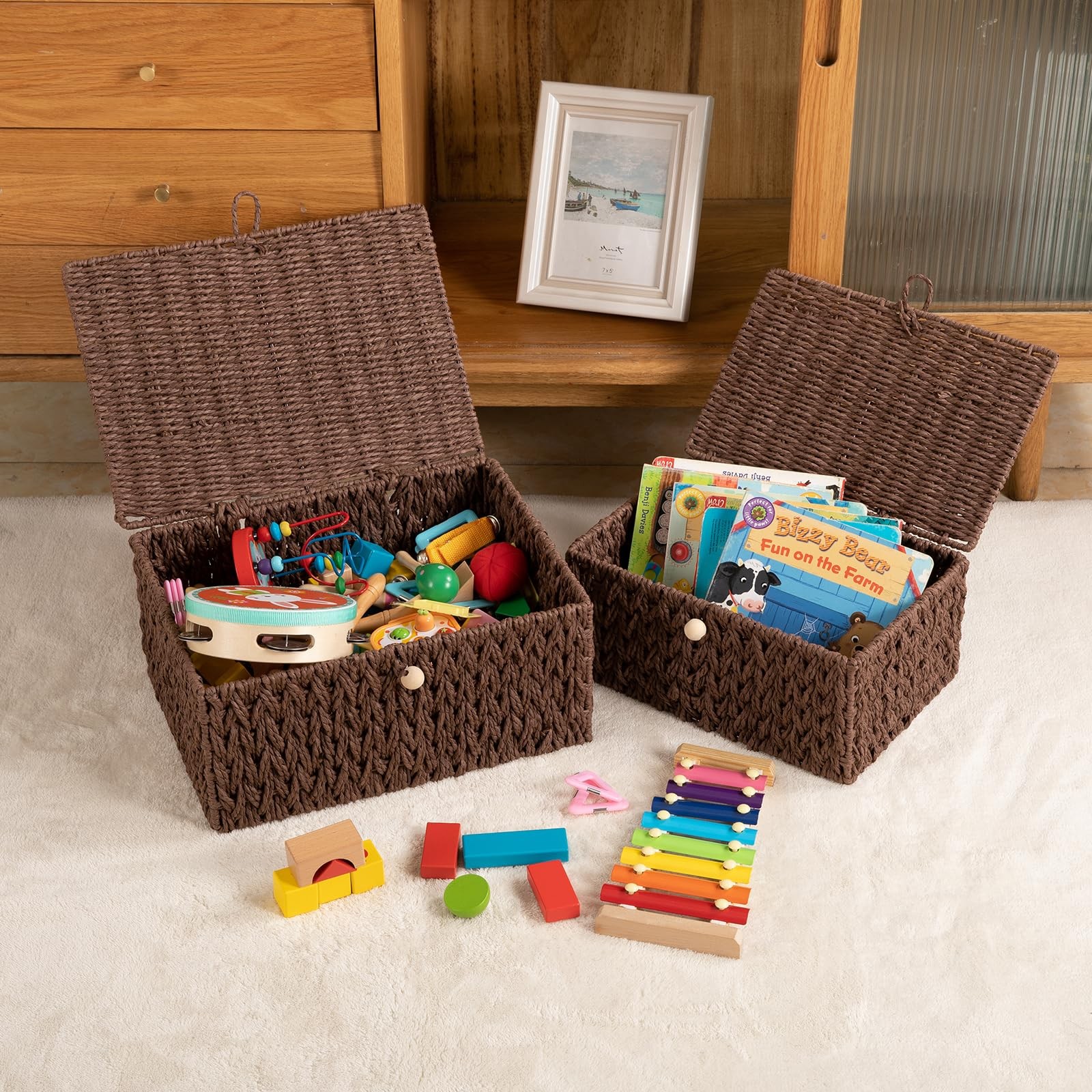 OIAHOMY Wicker Storage Basket Lid & Lock, Lidded Storage Bins, Decorative