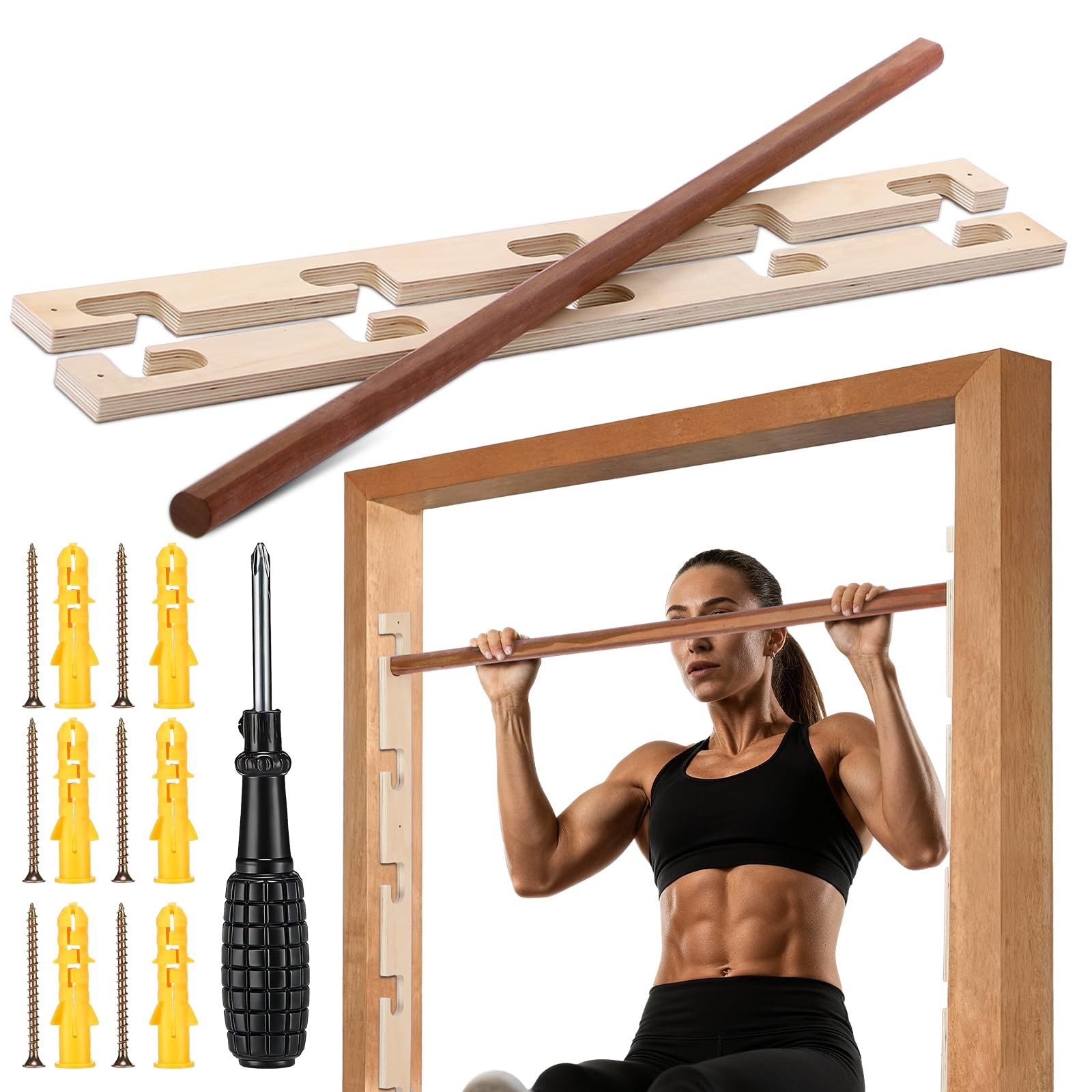 Doorway Pull-up Bar Sets Adjustable 5 Levels Wooden Doorway Pull-up Bar and 2...