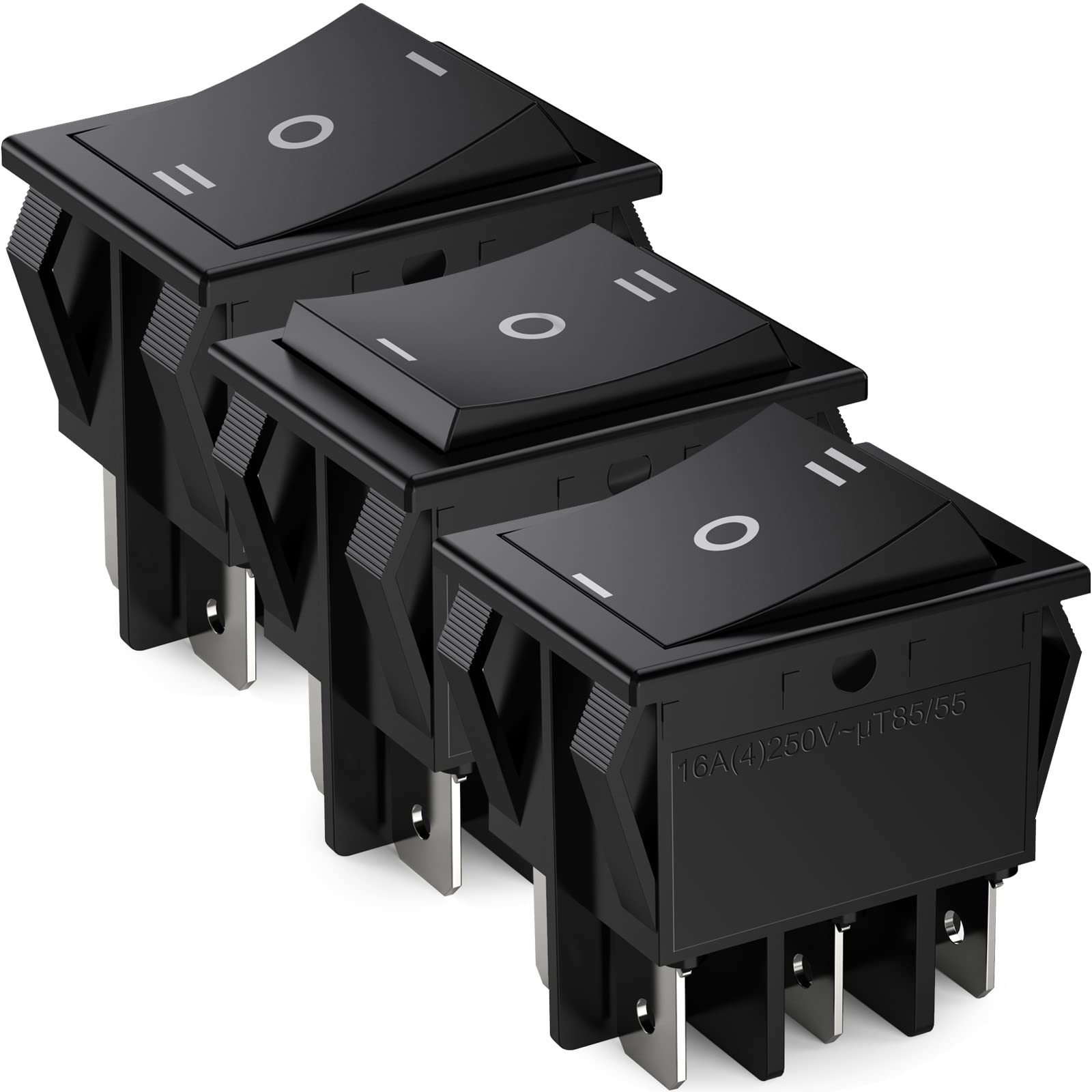 3-Speed AC16A/125V 16A/250V 6Pins 2 Position On/Off Black Rocker Switch 3Pcs