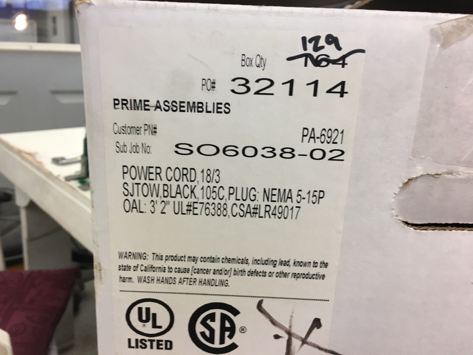 18-3 SJTOW POWER SUPPLY CORD, BLACK, 38" OVER ALL NEMA 515 PLUG